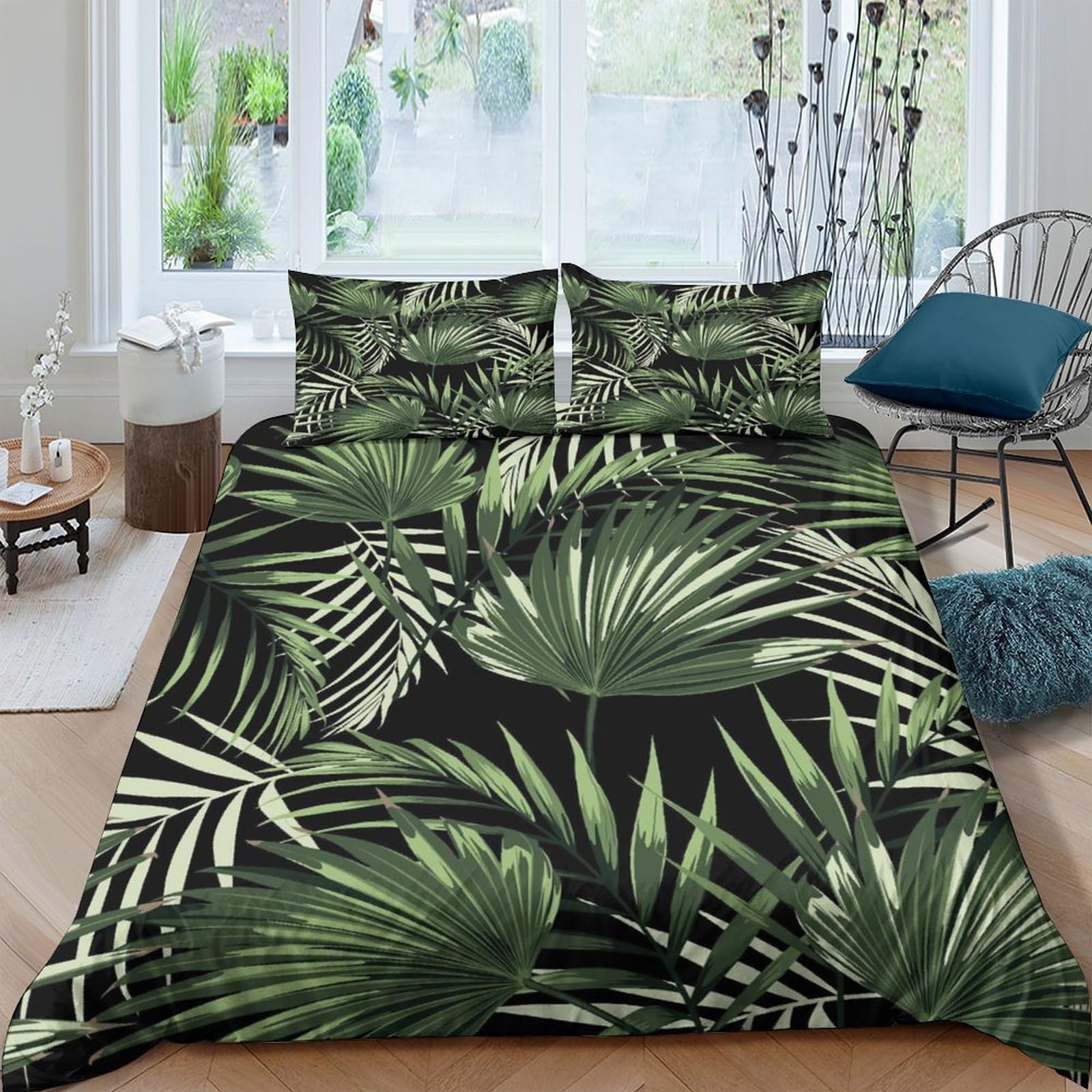 GPLZQXKJNH 3D Printed Tropical Leaf Duvet Cover Microfiber Soft Breathable Jungle Palm Bedding Set with 2 Pillowcases for Bedroom Décor Single（135x200cm）