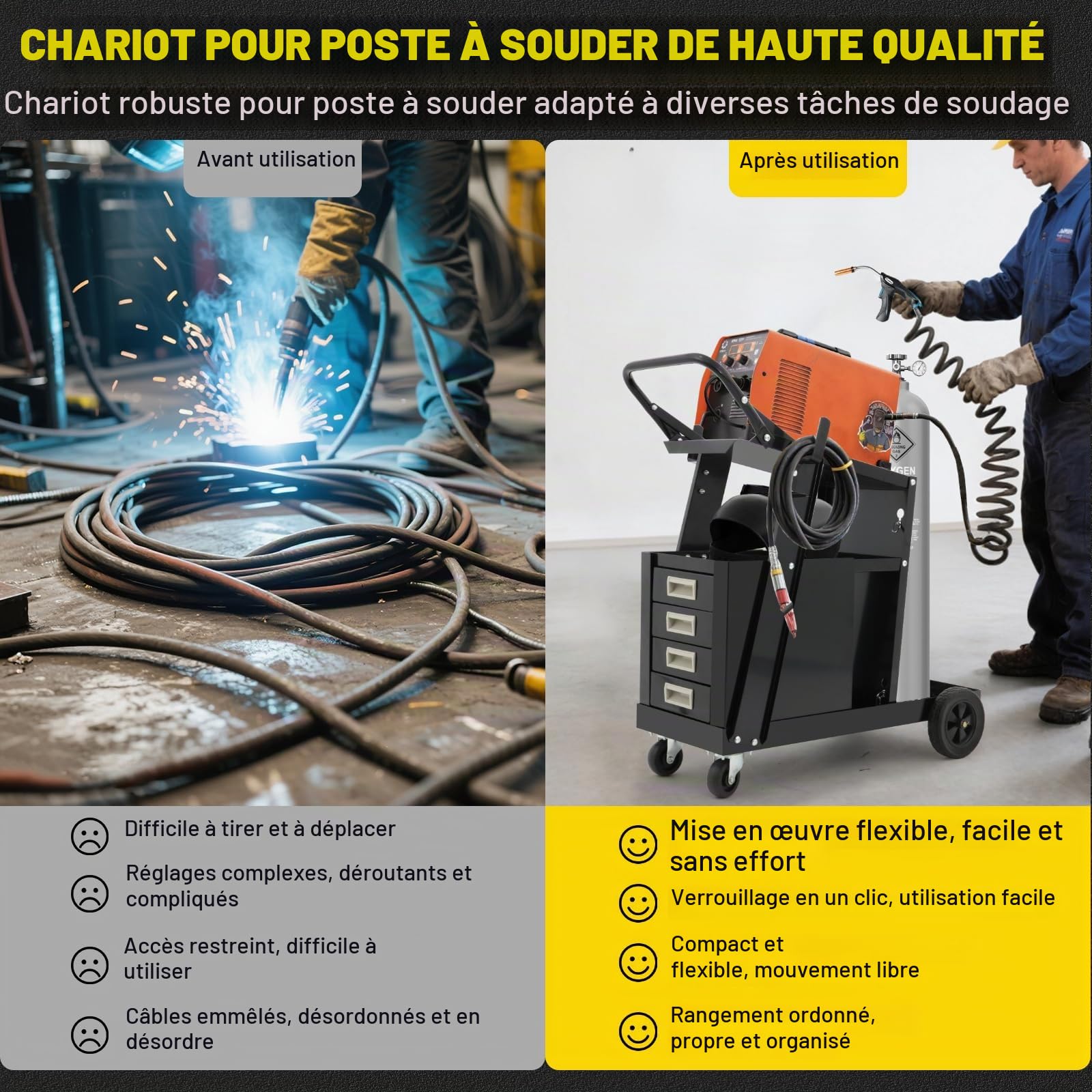 Chariot de soudage 2 étagères avec 4 tiroirs - Max 111 kg, 2 porte-bouteilles de gaz avec chaînes de sécurité, roulettes pivotantes à 360°, idéal pour soudage MIG/MAG, TIG et soudage à l'électrode