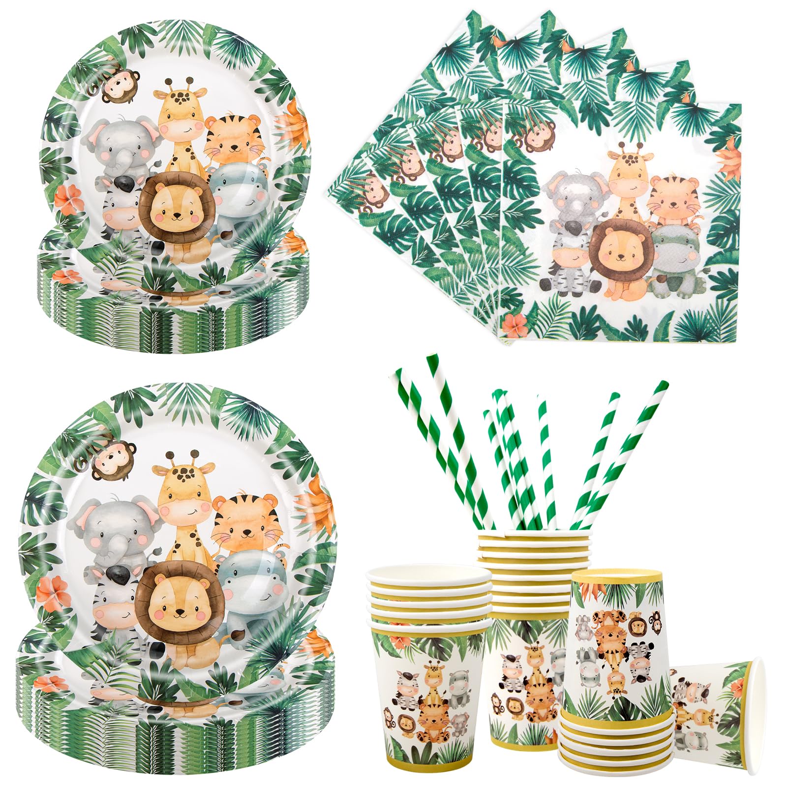 Aitsite 100 Stück Waldtiere Partygeschirr Set, Tiere Partyteller Geburtstag für 20 Gäste, Waldtiere Geburtstag Geschirr, Tiere Party Deko Set, Kindergeburtstag Teller Becher Servietten