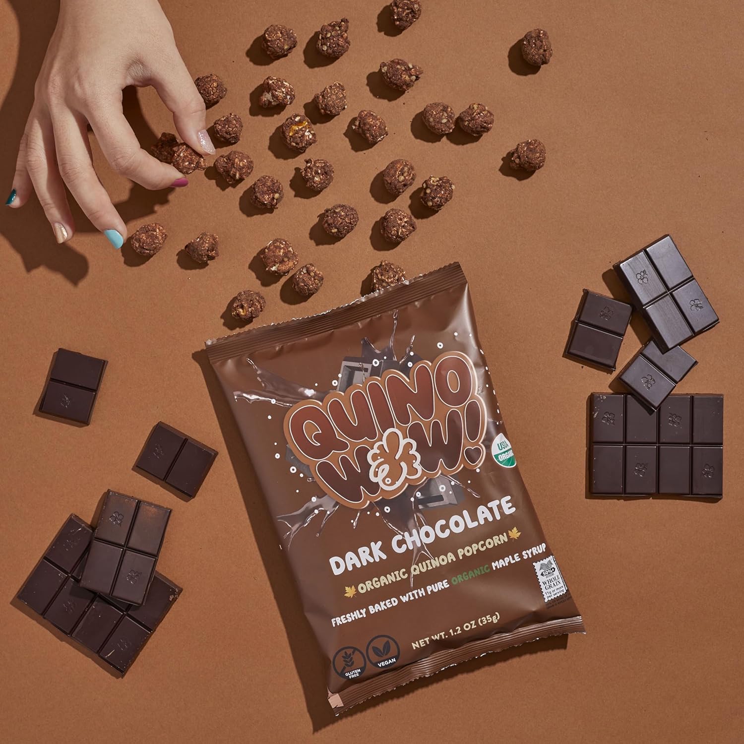 QuinoWow! Organic Quinoa Popcorn – Low Sugar, High Fiber, Air Popped, Vegan & Gluten Free – Made with Pure Organic Maple Syrup (Dark-Chocolate, Pack of 6)