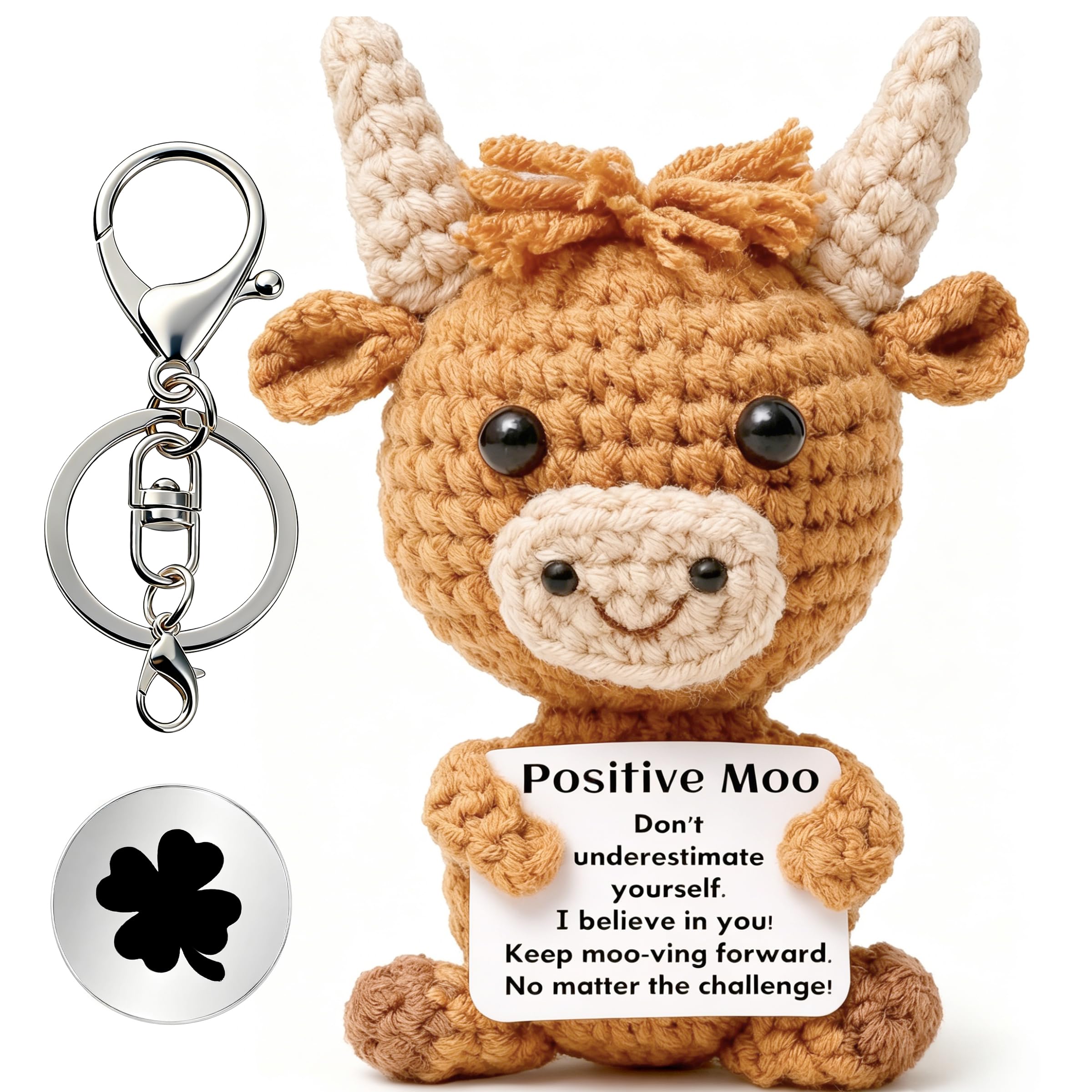MLZTINGR Glücksbringer Highland Cow Kuscheltier,Pocket Hug Highland Cow Kuh mit Positiv-Karte, Glücksbringer &Schlüsselanhänger für Geschenk Geburtstag Weihnachten Muttertag und Vatertag