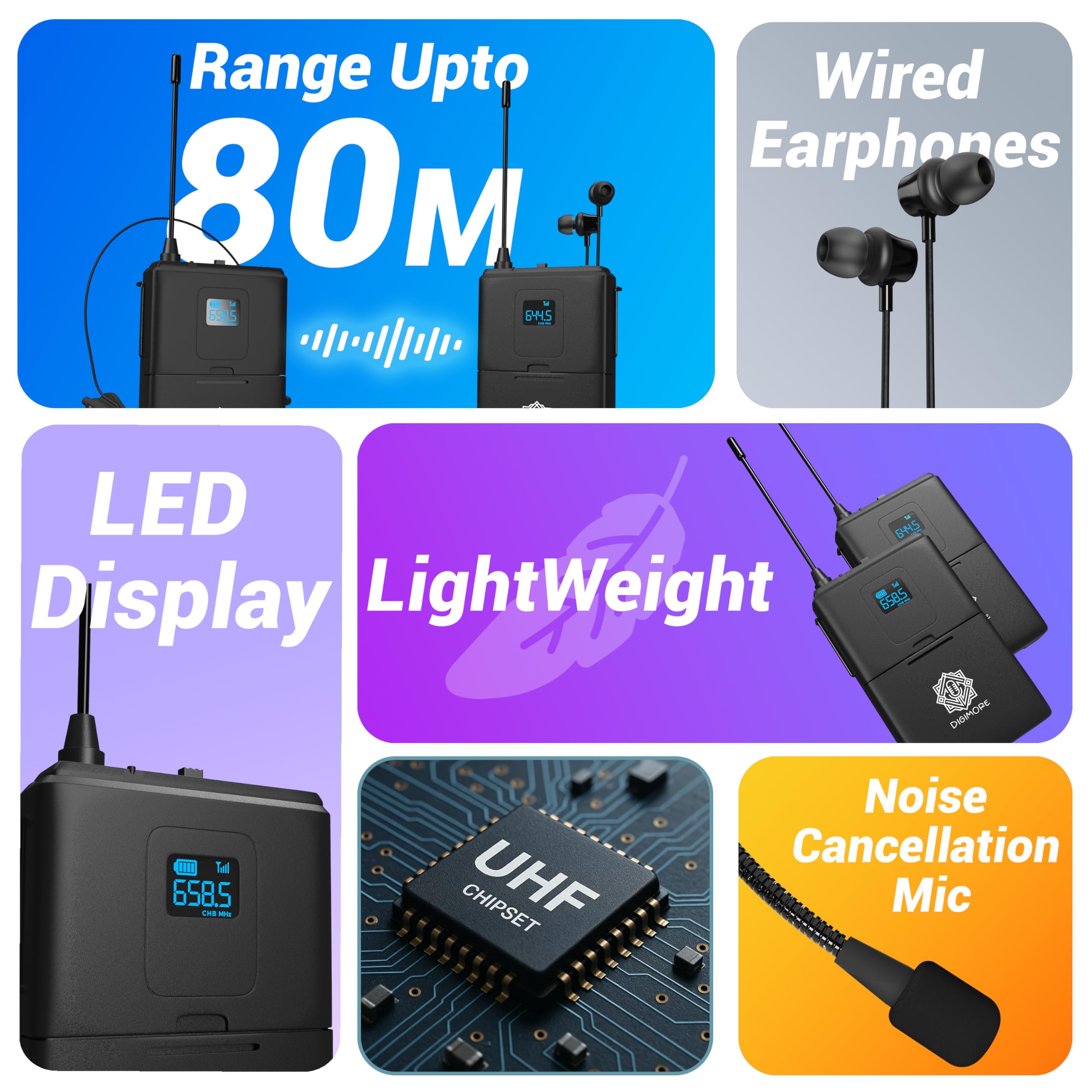 DIGIMORE Receptor inalámbrico con sistema de auriculares para guía turística, iglesia, enseñanza, viajes, presentación, seminario en vivo, visitas a la fábrica (1 receptor) (D-1500)