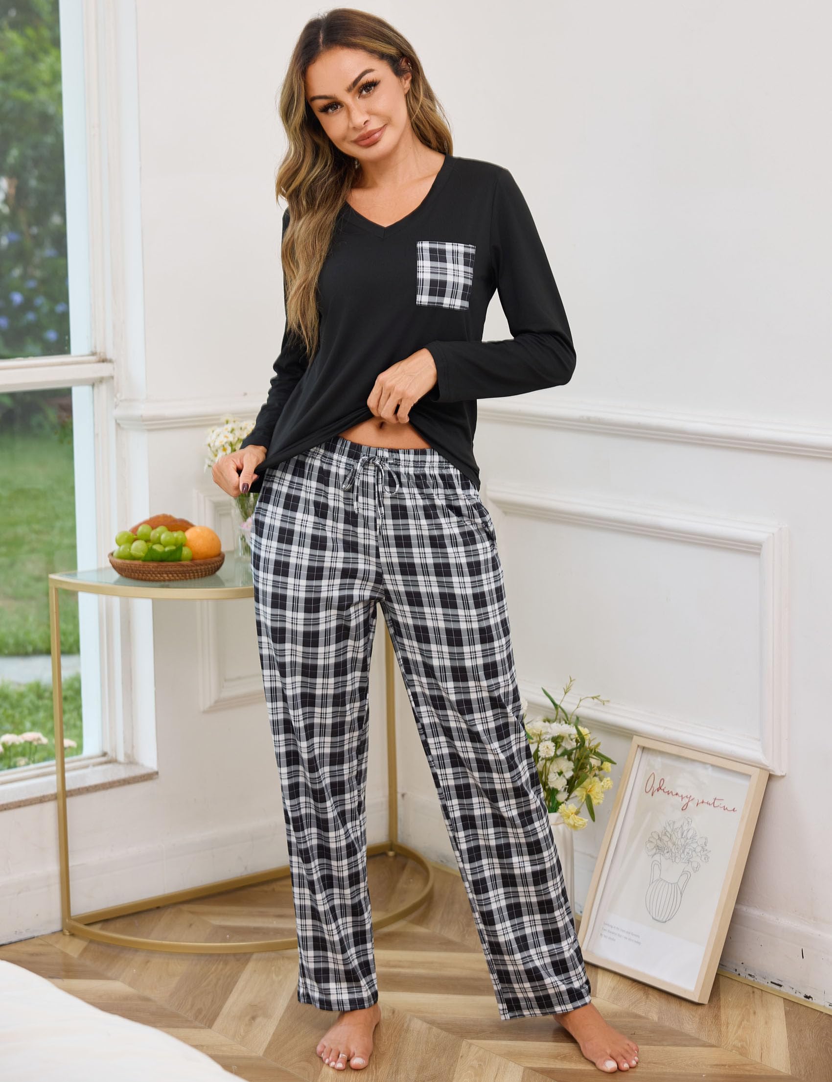 iClosam Pigiama Cotone Donna Invernale a Quadri Due Pezzi Pigiami Lungo con Tasche Laterali Comodo Casual per la Casa S-XXL