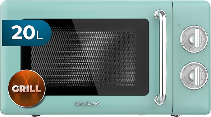 Cecotec Microondas Mecánico con Grill de 20 L Proclean 3110 Retro Green. 700 W en 6 Niveles, Temporizador hasta 30 Minutos, Modo Descongelación, Diseño Vintage en Verde, Acabados en Acero