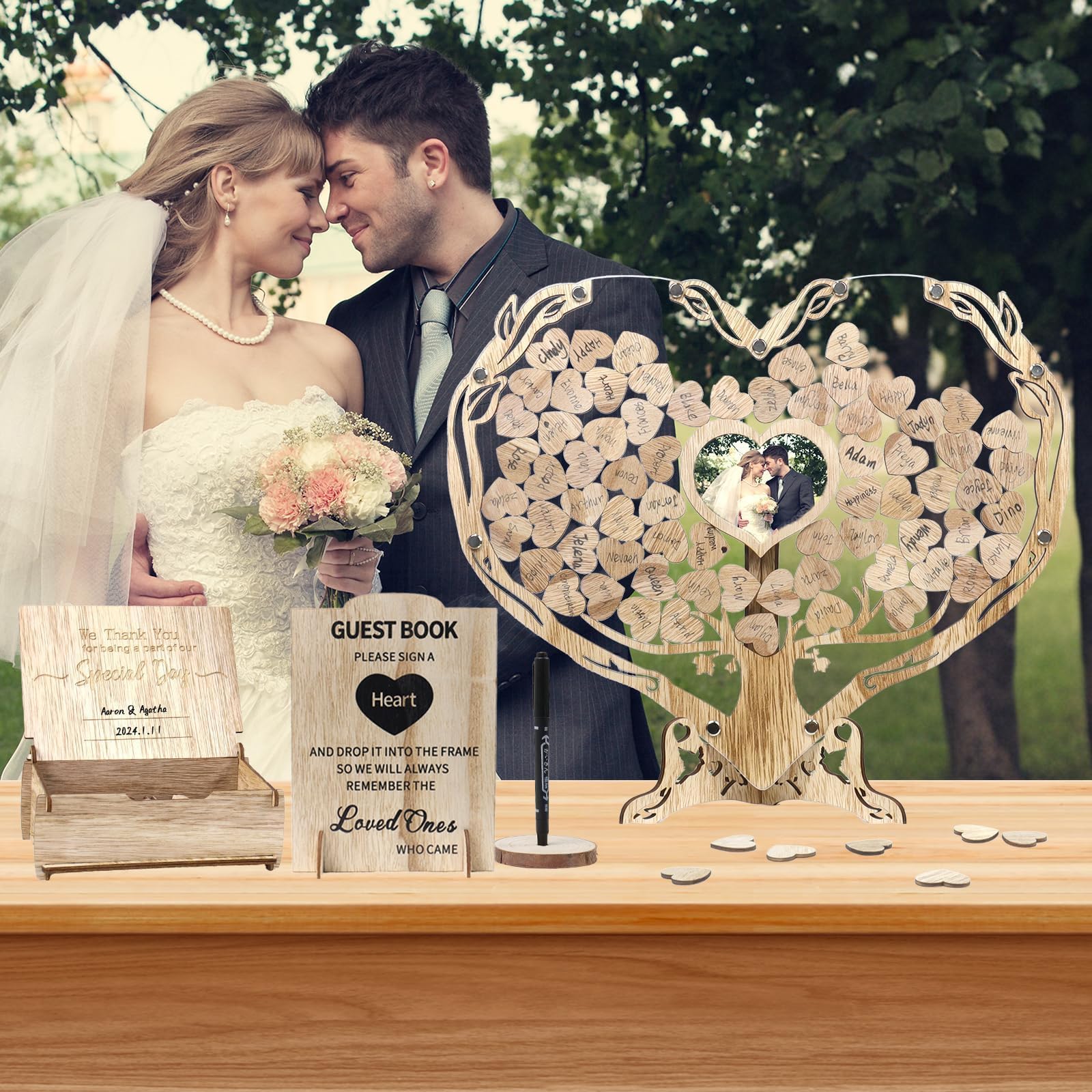 Libro de firmas con marco de fotos de corazón, placas de firma de boda con corazones de madera para exhibición de mesa, libro de invitados de boda de madera