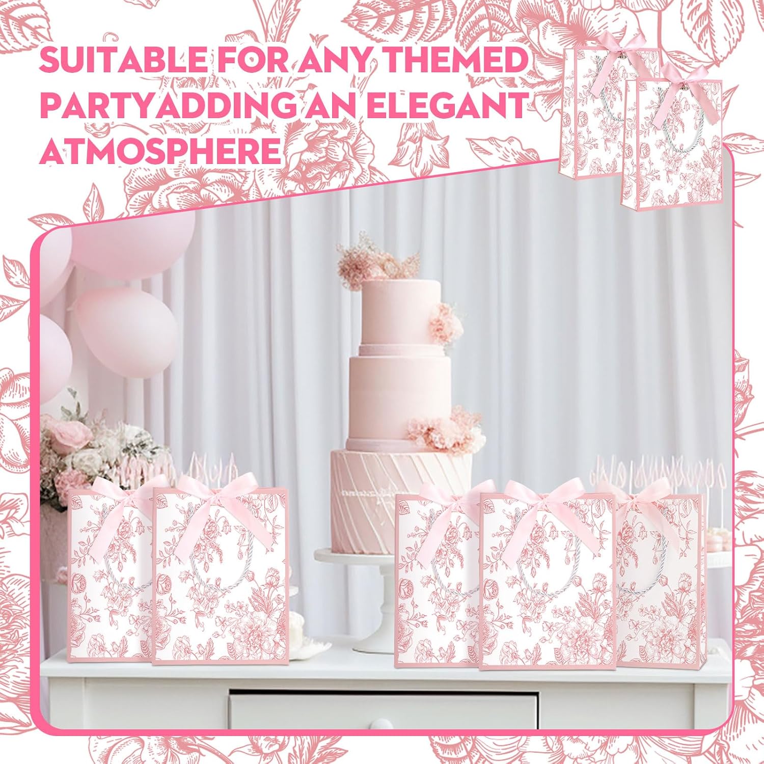 Kolldenn 24 Pcs Pink Floral Thank You Gift Bags with Handles 9"x7"x3.15" Elegant Paper Gift Bags with Bow Ribbon for Wedding Birthday Baby Shower Bridesmaid Party - Image 4