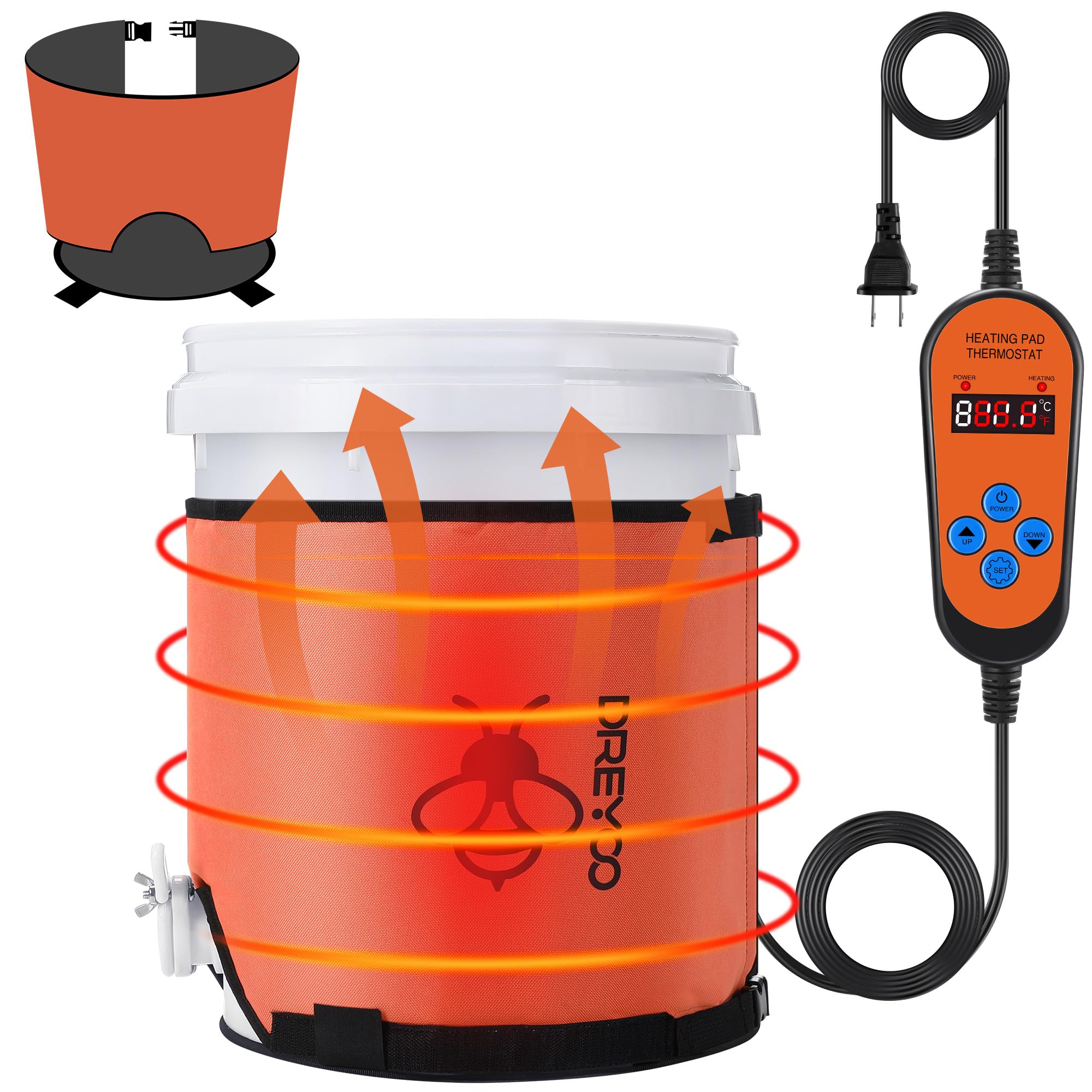 5 Gallon Honey Bucket Heater with Bottom Heating Pad& Side Heating Pad, 100W Honey Warmer Blanket with Temperature Controller& Timer, 120V Thermostat Max Temp 149°F, Beekeeping Supplies Hive Equipment
