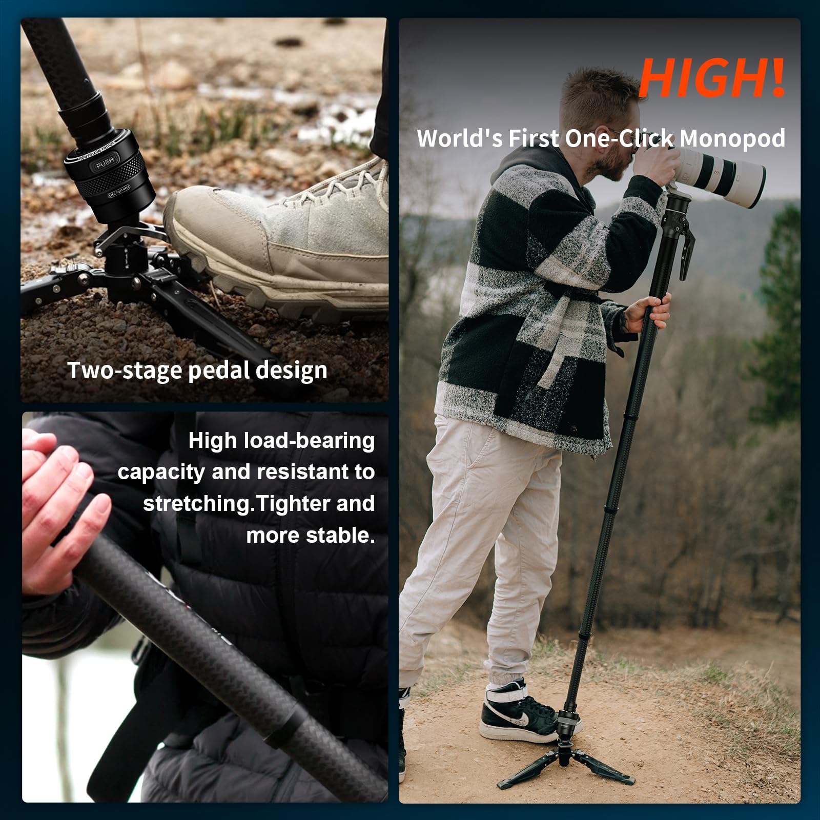 COMAN Monopod de fibra de carbono de elevación con un solo clic, monopié de cámara M1 Pro con pies, trípode de viaje ligero de 65 pulgadas con bloqueo de pie de liberación rápida para cámara, DSLR