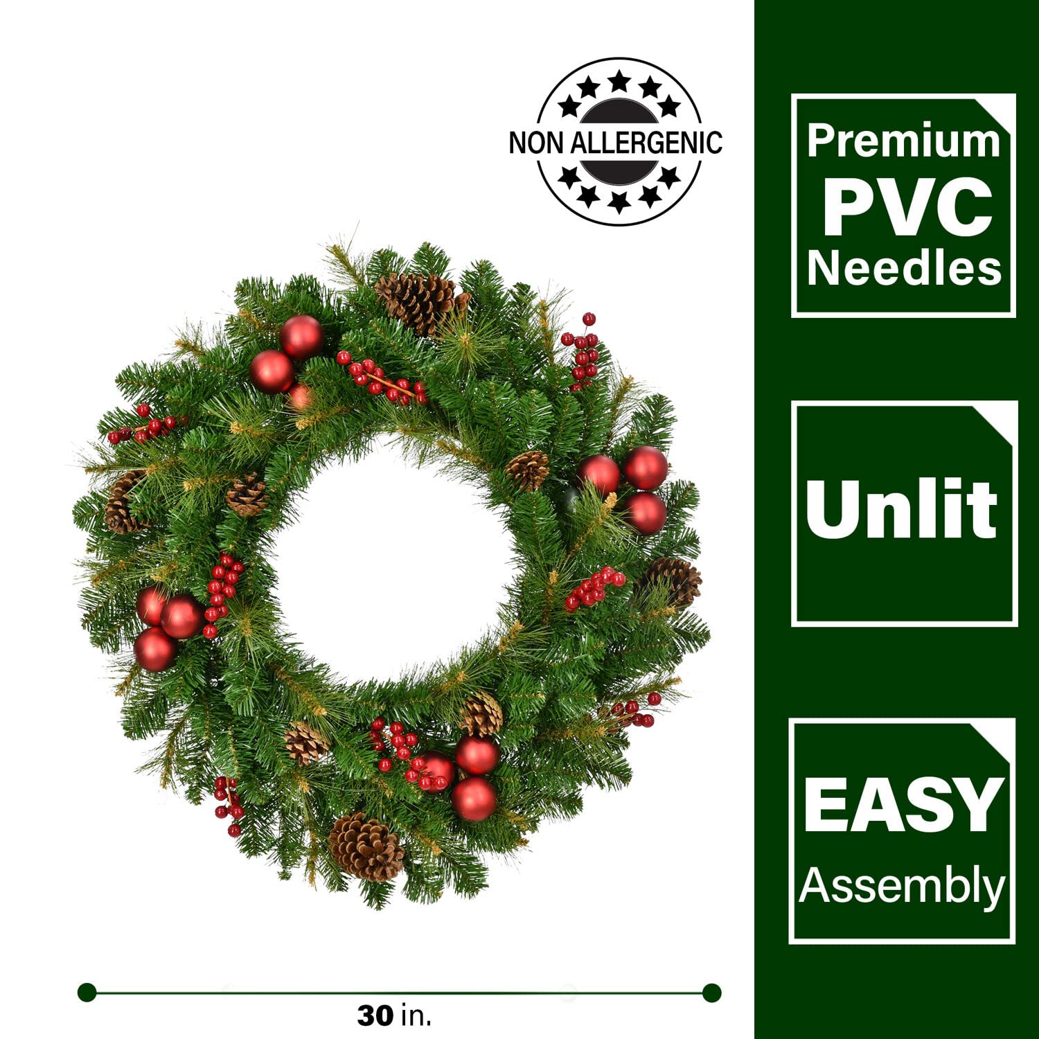 Fraser Hill Farm Corona alegre con bayas, piñas y adornos, 30 pulgadas de diámetro, perfecta para paredes, puertas o repisas de chimenea, corona de Navidad, FFJFWR030-0GR, verde