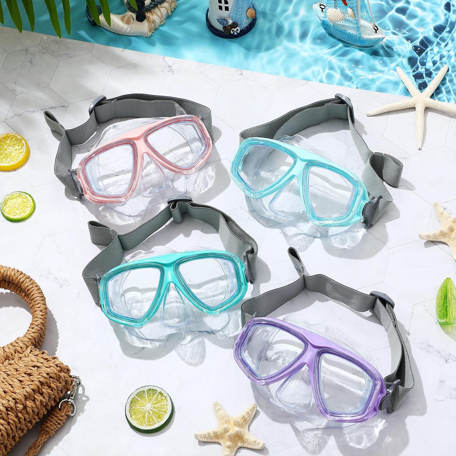 Flutesan 4pcs Kids Youth Swim Goggle with Nose Cover Elastic Strap | Diving Swimming Mask, Waterproof Snorkel Goggles Bulk, Pool Goggles for Kids, Adjustable Strap, for Pool Beach Summer