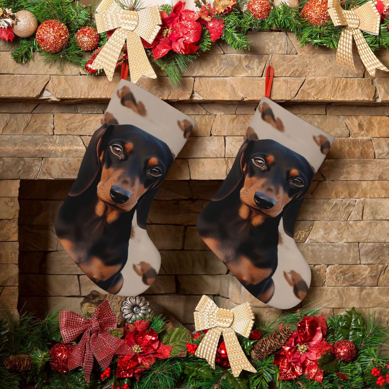 KLOPH Christmas Stockings 18" Personalized Xmas Stocking Dachshund Dog Decoration Stocking Hanging Fireplace Stocking for Holiday Xmas Tree Christmas Fireplace Decor