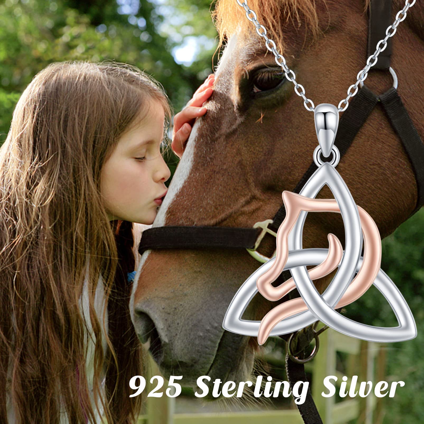 Silber Halskette Pferd Damen, Mädchen 925 Sterling Silber Keltischer Knoten Kette, Hypoallergene Tier Schmuck, Pferdeliebhaber Geschenke für Mädchen