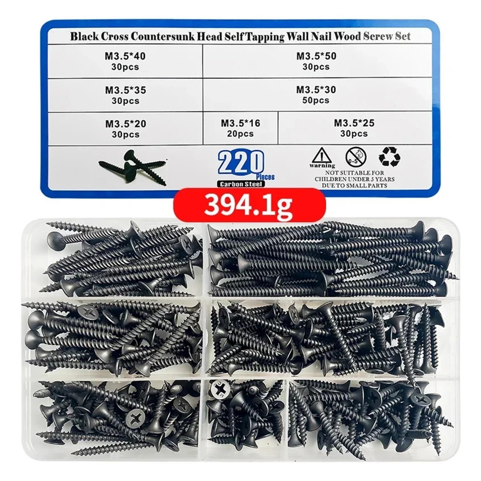VNJUGF 220 piezas/caja Tornillos autorroscantes for madera con cabeza avellanada cruzada, tornillo de cabeza plana, punta endurecida, tornillo for paneles de yeso, clavo M3,5 wanglan(5 BOXES)
