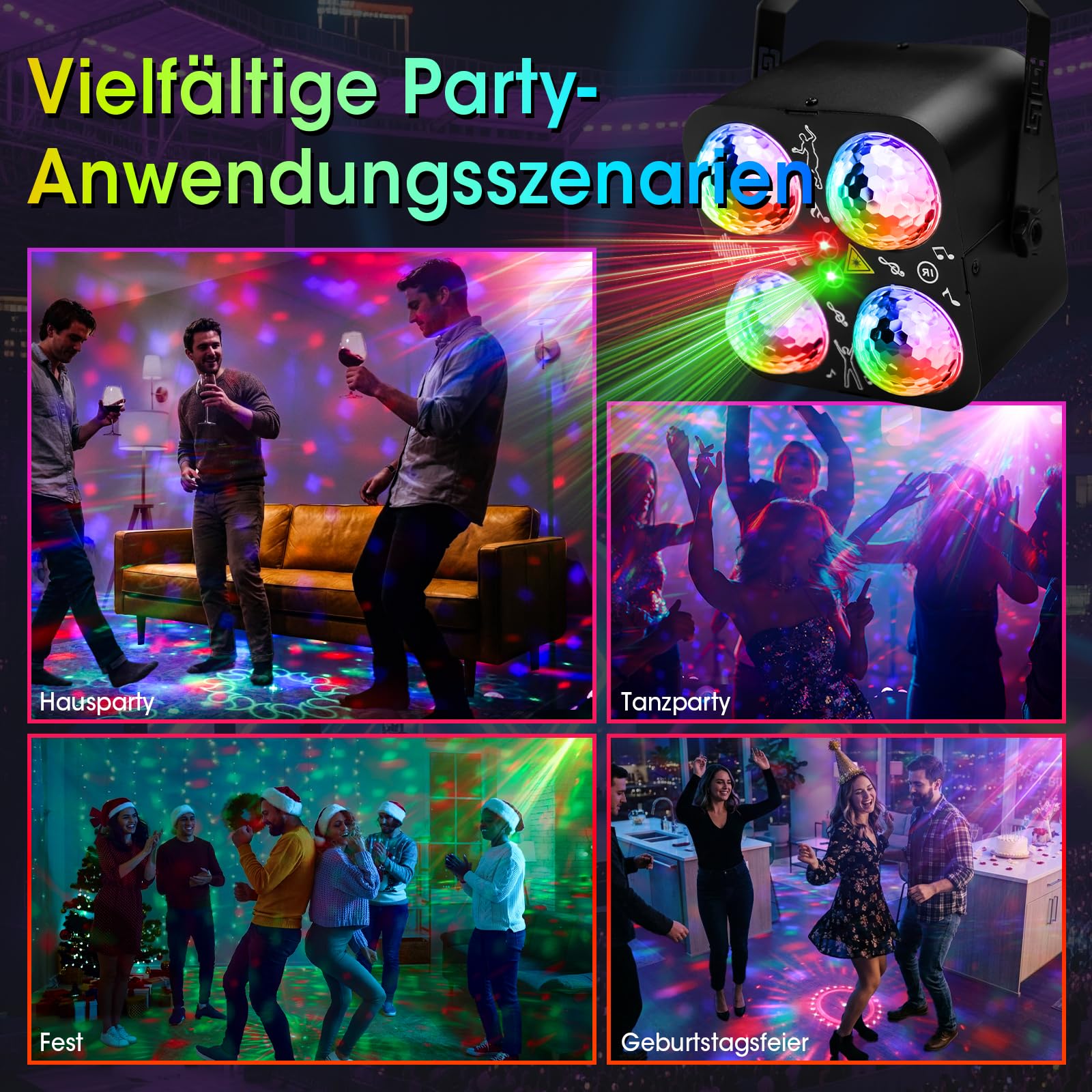 Discolichter für Partys, 3 Modi: Tonaktiviert/Fernbedienung/Auto, mit 4 Discokugeln und 2 Hauptlichtern, 64 Muster, ideal für Zuhause, Geburtstage, Karaoke, Tanzen, Bars, KTV, Clubs