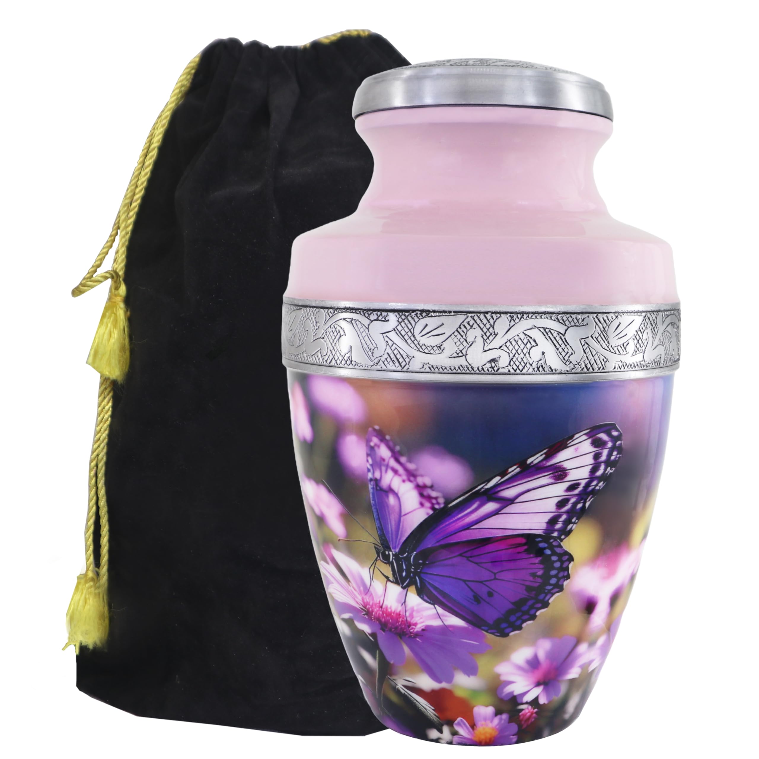 M MEILINXU Urn for Ashes for Woman & Male, Cremation Urns for Human Ashes Adult Female or Man, Burial Urns with Butterflies, Decorative Urn for Funeral, Purple Butterfly and Flowers - Large โ image 1