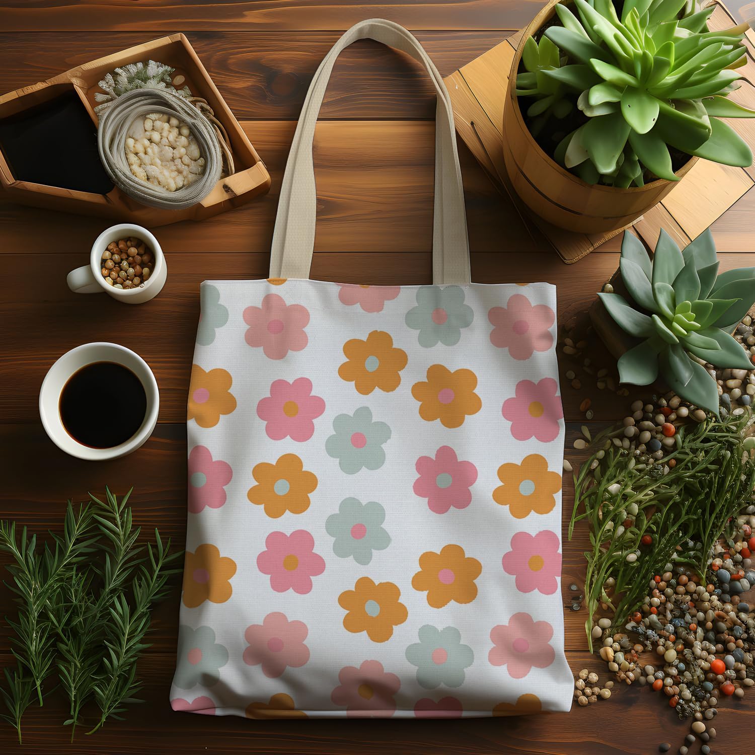 Aesthetic Floral Danish Pastel Flower Canvas Tote Bag for Women, Cute Reusable Grocery Shopping Bag, White, 693ys-STD-A - Image 4