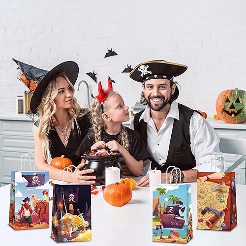 Miniatura 5 de ZOIIWA 12 bolsas de papel desechables para fiesta del tesoro pirata, con asas, mapa del tesoro, bolsas de recuerdo de fiesta para fiesta de