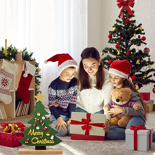 Miniatura 6 de Hedeey Árbol de Navidad de madera de 13 pulgadas con letrero de Feliz Navidad, centros de mesa con base y 10 pequeños adornos de Navidad para