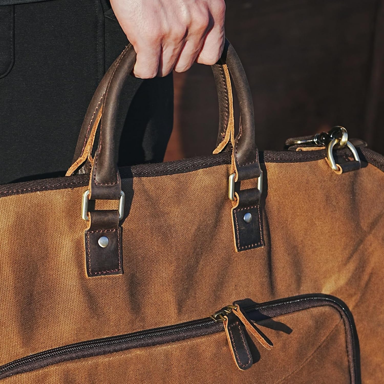 Polare Waxed Canvas Full Grain Leather Trim Garment Carry On Bag for Travel, Foldable Hanging Suitcase Weekender Dust-Proof Garment Waterproof Cover with YKK Zipper and Adjustable Strap - Image 3