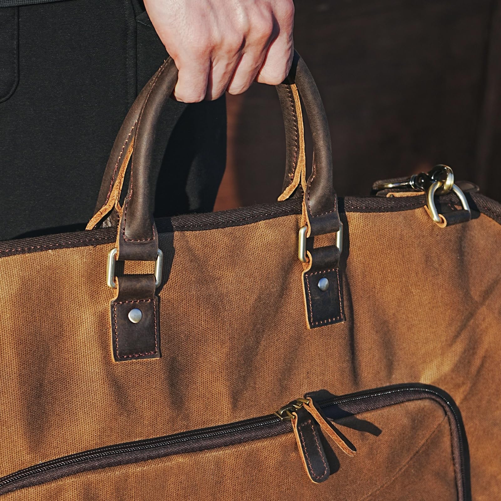 Polare gewachstes Segeltuch, Vollnarbenlederbesatz, Handgepäcktasche für Reisen, faltbar, zum Aufhängen, staubdicht, wasserdicht, mit YKK-Reißverschluss und verstellbarem Riemen