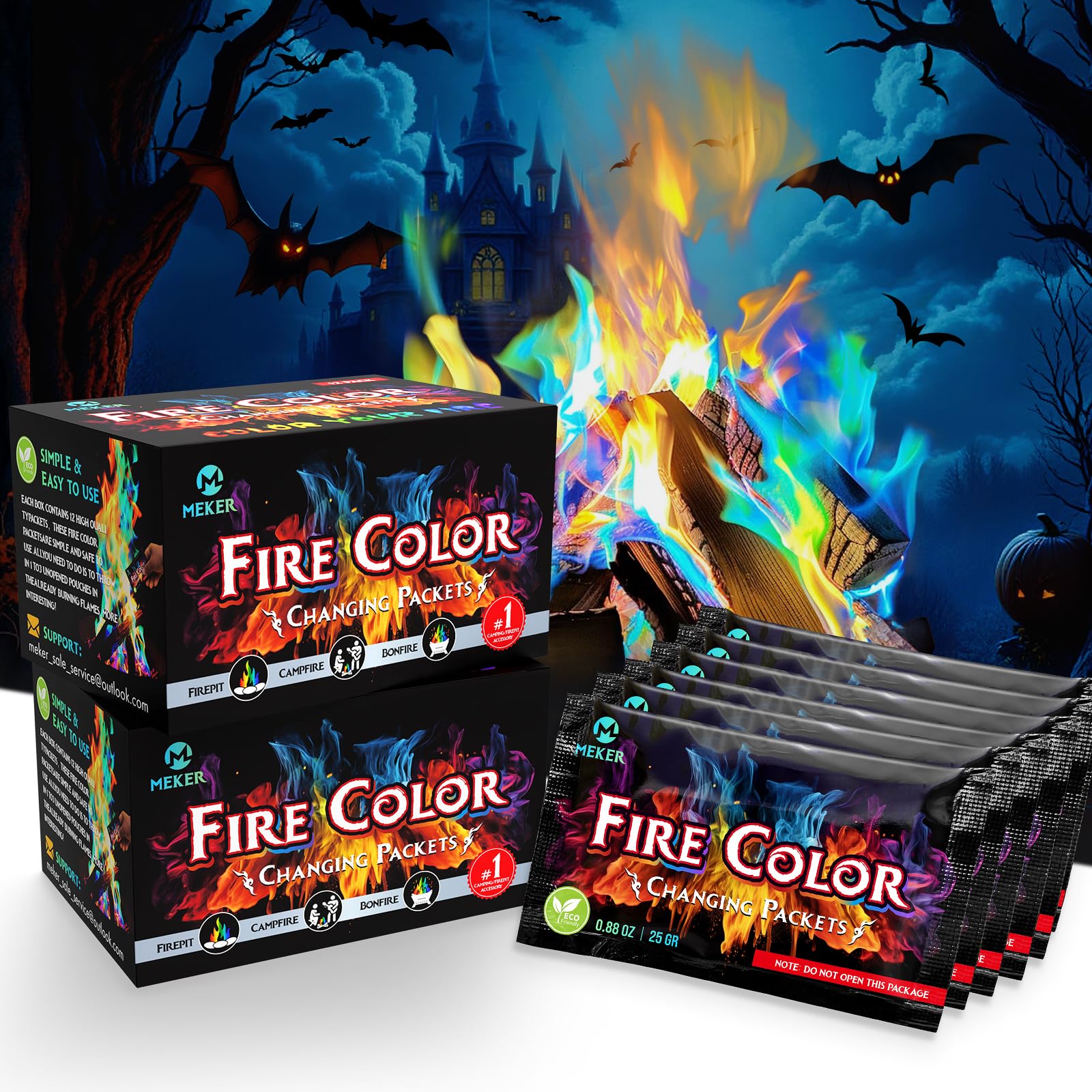 MEKER Fire Color Changing Packets - Fire Pit, Campfires, Outdoor Fireplaces, Bonfire - Fire Colorful Changing Fire - Perfect Fire Camping Accessories for Kids & Adults (24 Pack)
