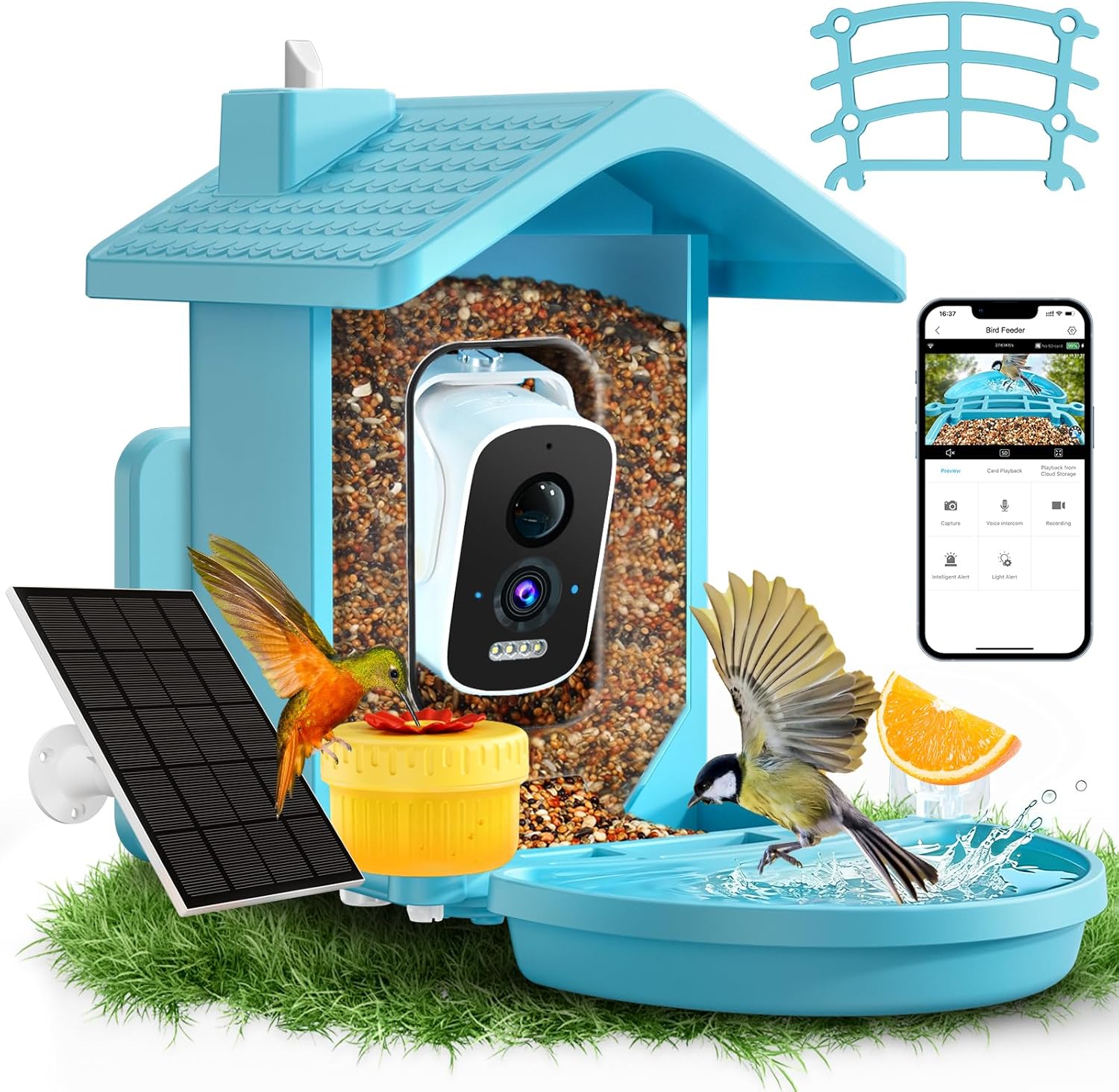 Smart Bird Feeder with Camera Solar Powered, AI Birds Species Identification, 2.5K HD Video Bird House with Camera for Outside, Weatherproof Design Ideal Gifts for Christmas, Bird Lovers, Blue B-Blue