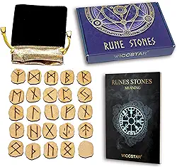 Conjunto de pedras runas. 25 peças gravadas com 5 layouts diferentes e livreto de significado de runas