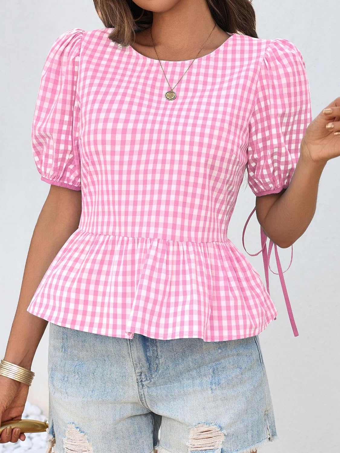 Cicy Bell Womens Puff Sleeve Gingham Blouse Summer Ruffle Peplum Babydoll Tops Cute Plaid Cotton Shirts - Image 3