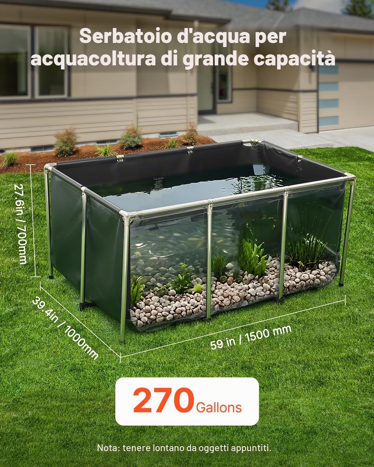 VEVOR Tela Peschiera Fuori Terra, con Pannello di Visualizzazione Trasparente, Rettangolare Pesci Rossi con Telaio in Acciaio Inox, Valvola di Scarico, per Allevamento Carpa, Nero 1023,3 L