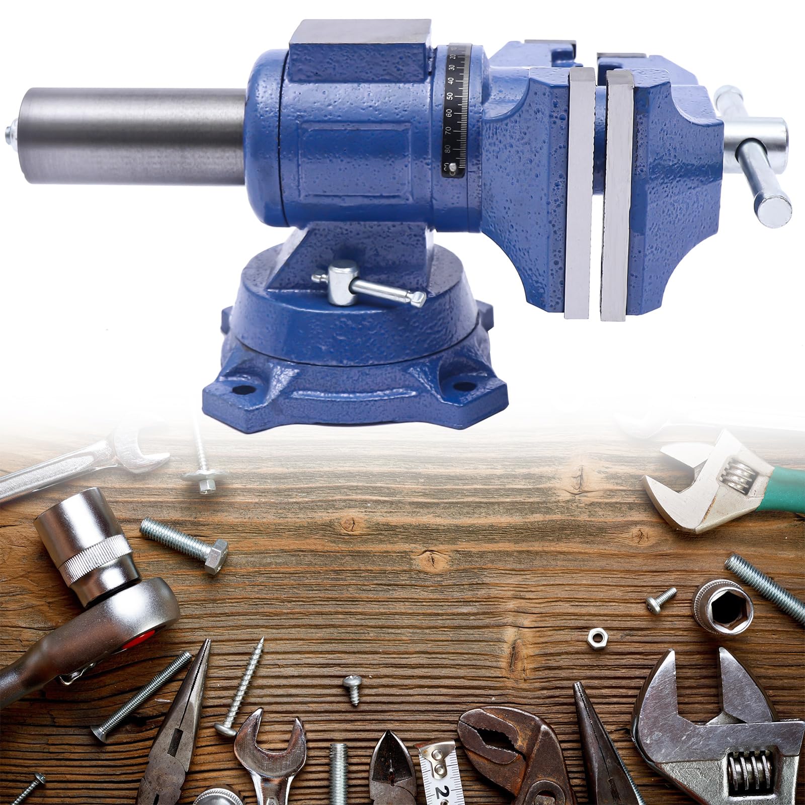 Bench Vise - Tornillo de banco giratorio multifuncional para banco de trabajo y taller, giratorio 360°, apertura de 100 mm, para carpintería y soldadura, color azul