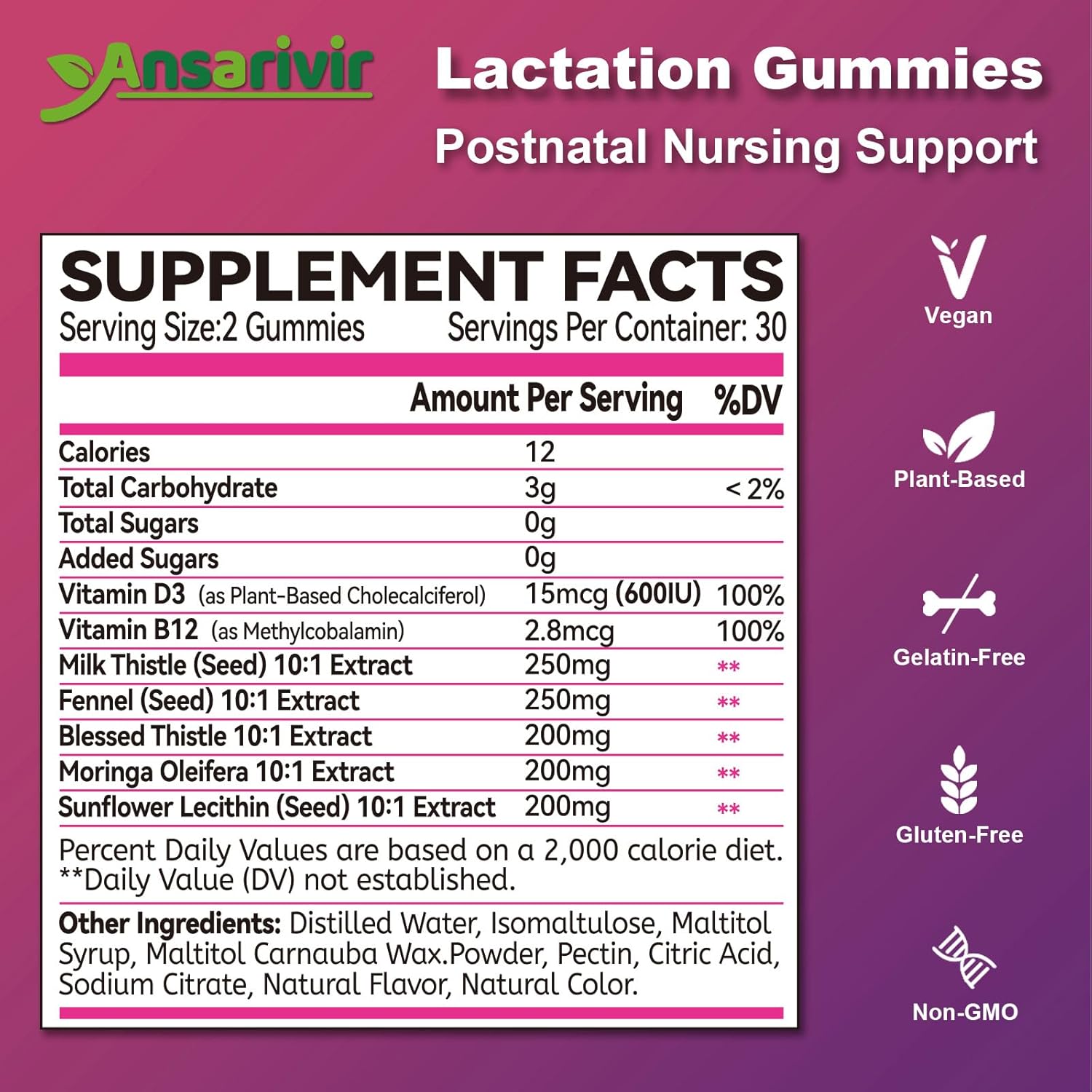 Lactation Supplement Gummies – Powered by Moringa, Fennel, Sunflower Lecithin, Milk Thistle, Blessed Thistle, Plus Vitamins D3 & B12 – 60 Gummies for Breastfeeding Support & Milk Supply Boost - Image 3