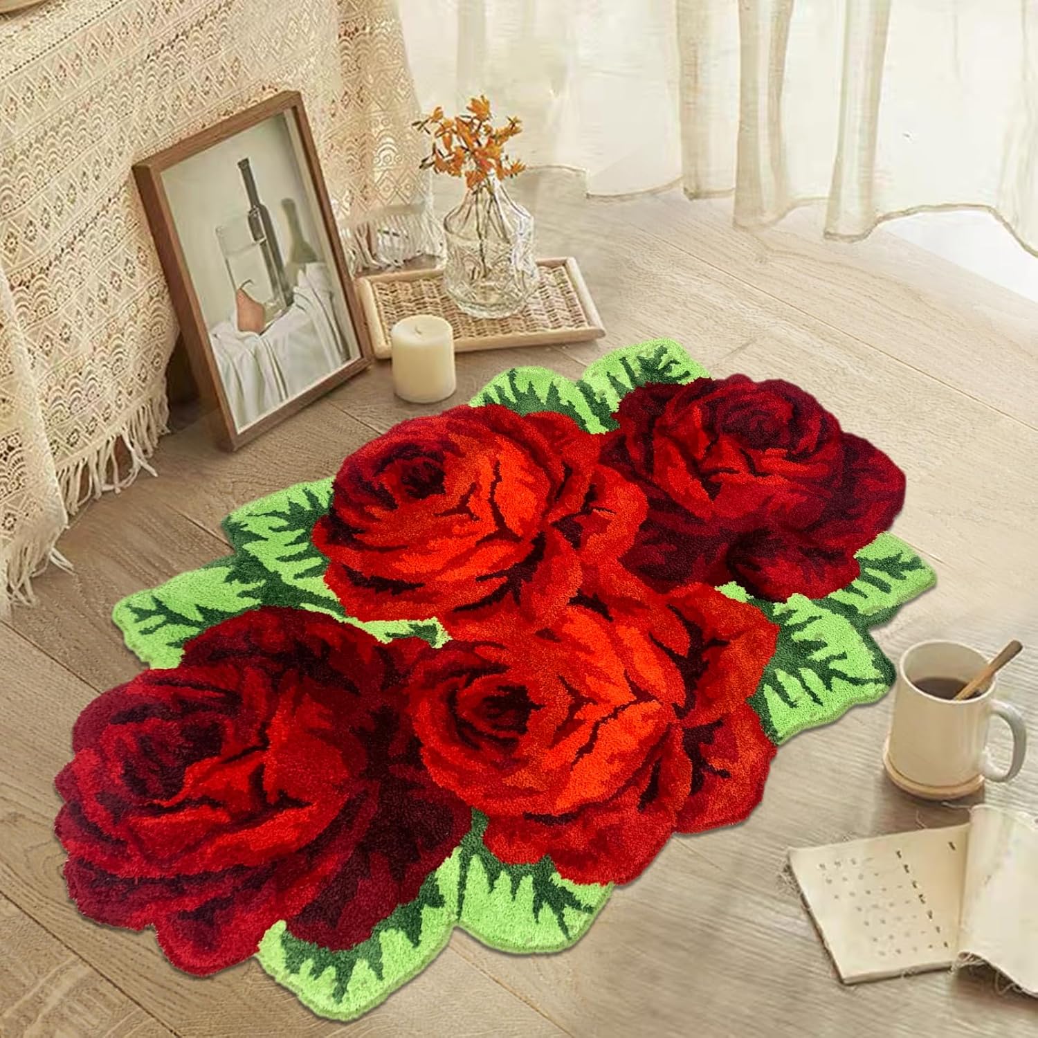 Red Rose Rugs,Red Floral Thick Washable Floor Carpet Rose Shaped Bath Rug Girls Bedroom Decor Rugs for Bathroom Shower/Doormat 29.5''x47.2''