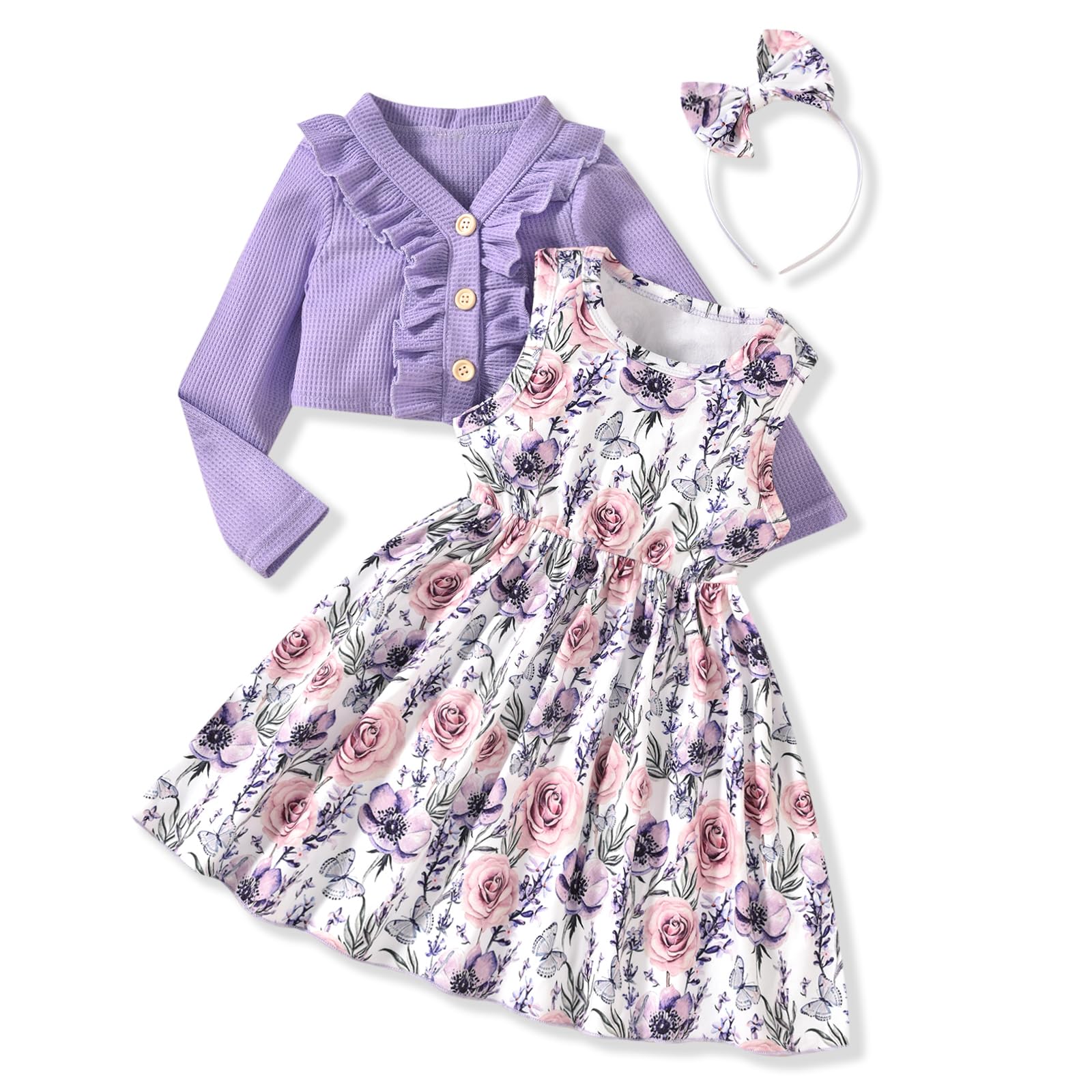 HINTINA Toddler Little Girls Dress And Cardigan Sets 2 Piece Floral Print Sleeveless Dress and Long Sleeve Cardigan Set