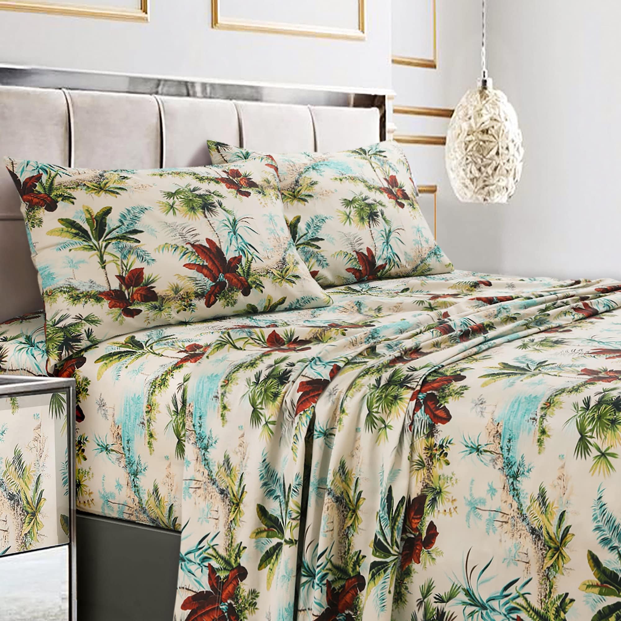 Tribeca Living Queen Bed Sheet Set, 300 Thread Count Soft Cotton Sateen, Floral Print with Extra Deep Pockets, 4-Piece Bedding Set, Paradise Island Multicolor