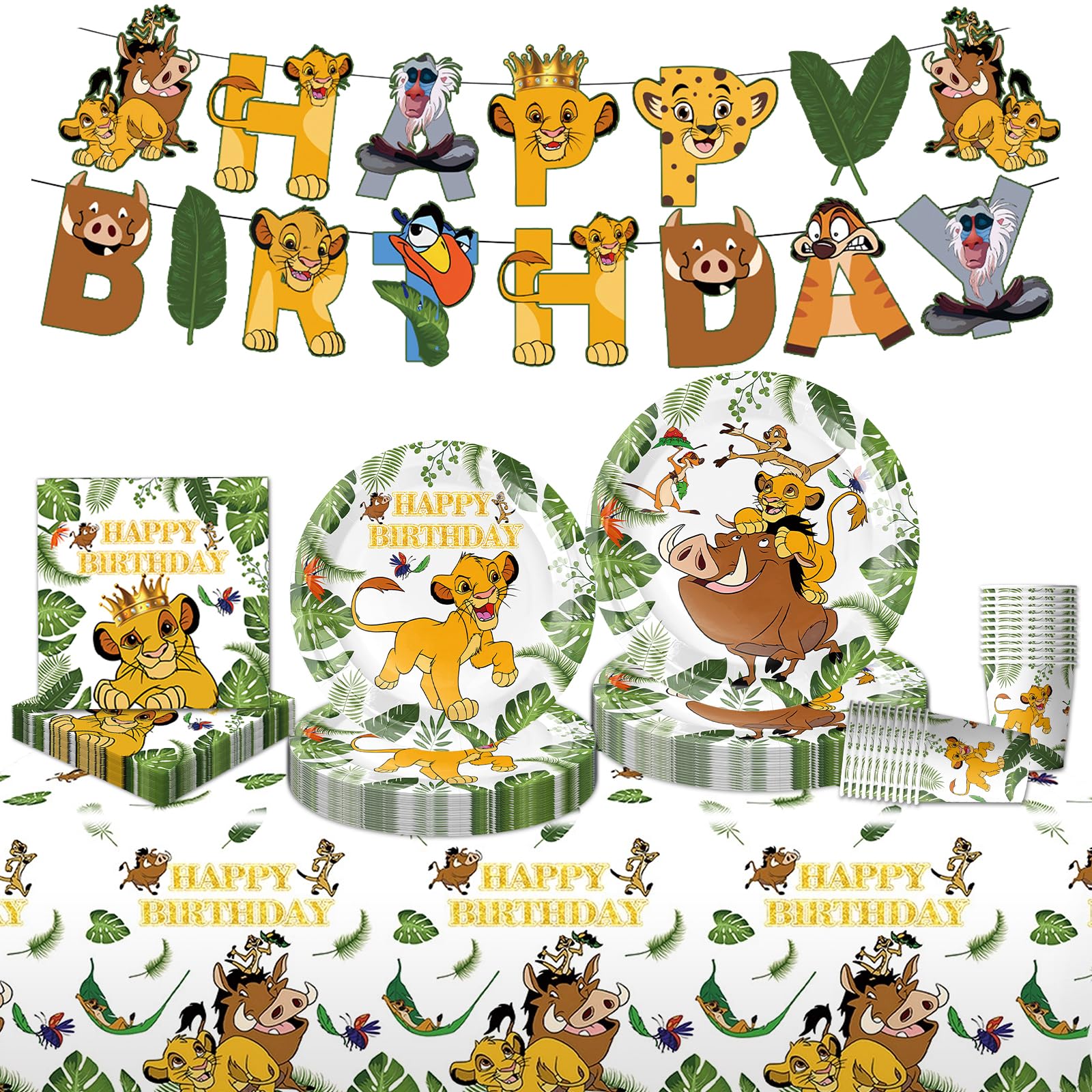 52 PCS Lion King Birthday Decorations, Birthday Party Tableware Set with Plates Cups Napkins Banner Tablecloth, Party Supplies for 10 Guests