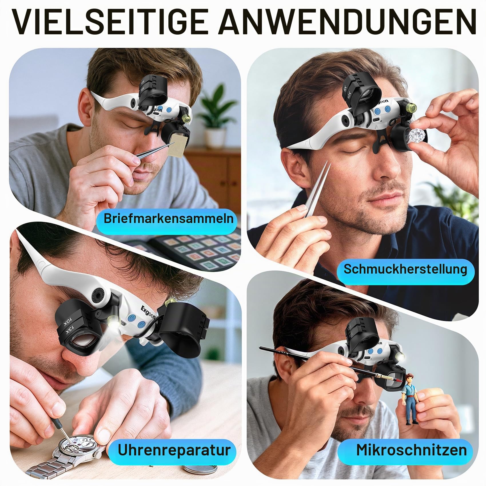 Lupe mit Licht, 2X-23X Kopfbandlupe mit 5 austauschbaren Linsenpaaren (2X 4X 6X 10X 13X), freihändige Lupe für Uhrenreparatur Handwerk‌ ‌Juwelen‌ Hobbys mit Storage Case