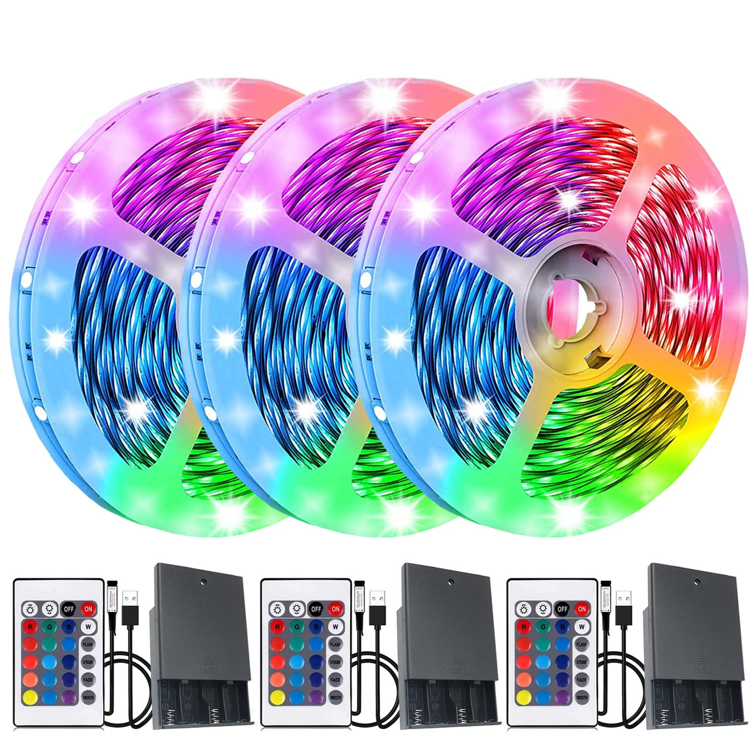 Three Sets Battery Powered LED Strip Lights, 9.8ft 24-Keys Remote Controlled, DIY Indoor and Outdoor Decoration (3)