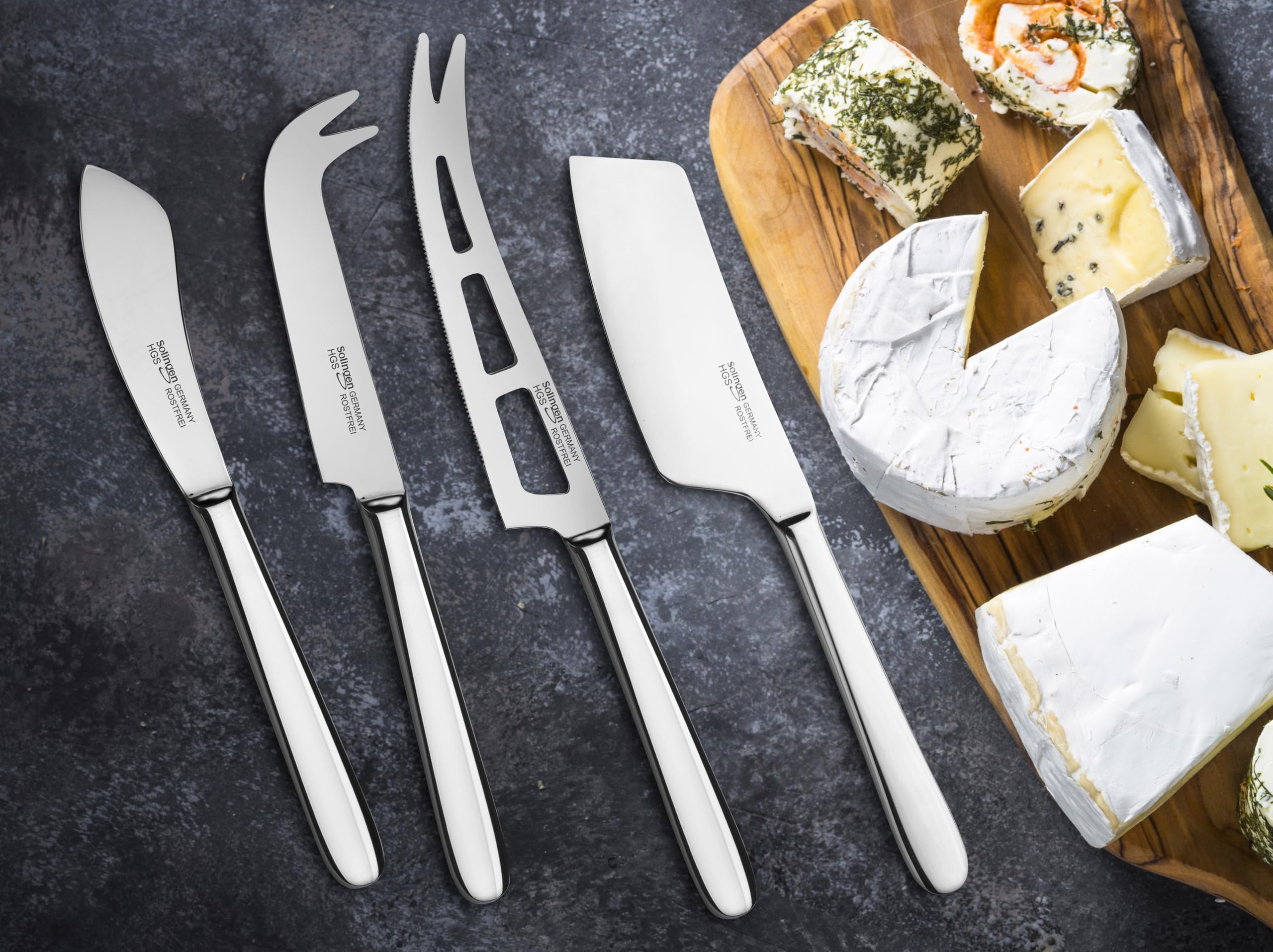 GEHRING| Solingen Käsemesser Set 4tlg. Pur, Käseschneider mit Edelstahlgriff, für Hartkäse, Weichkäse, Streichkäse, mit Käsebeil, Besteck spülmaschinengeeignet I Made in Germany