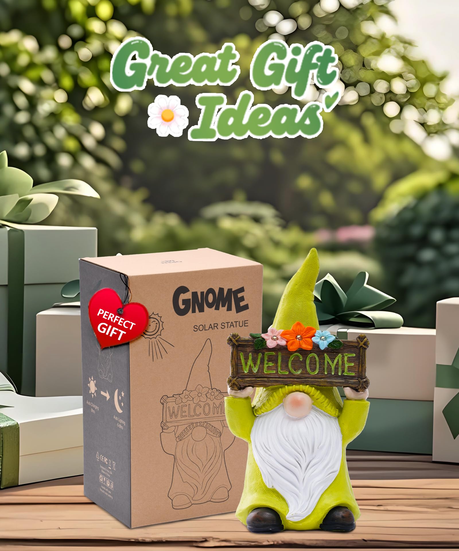 Yeomoo Nano da giardino a energia solare con cartello di benvenuto e fiori per esterni, decorazione da giardino, divertente gnomo, decorazione solare, regalo per donne, uomini, mamme, compleanno