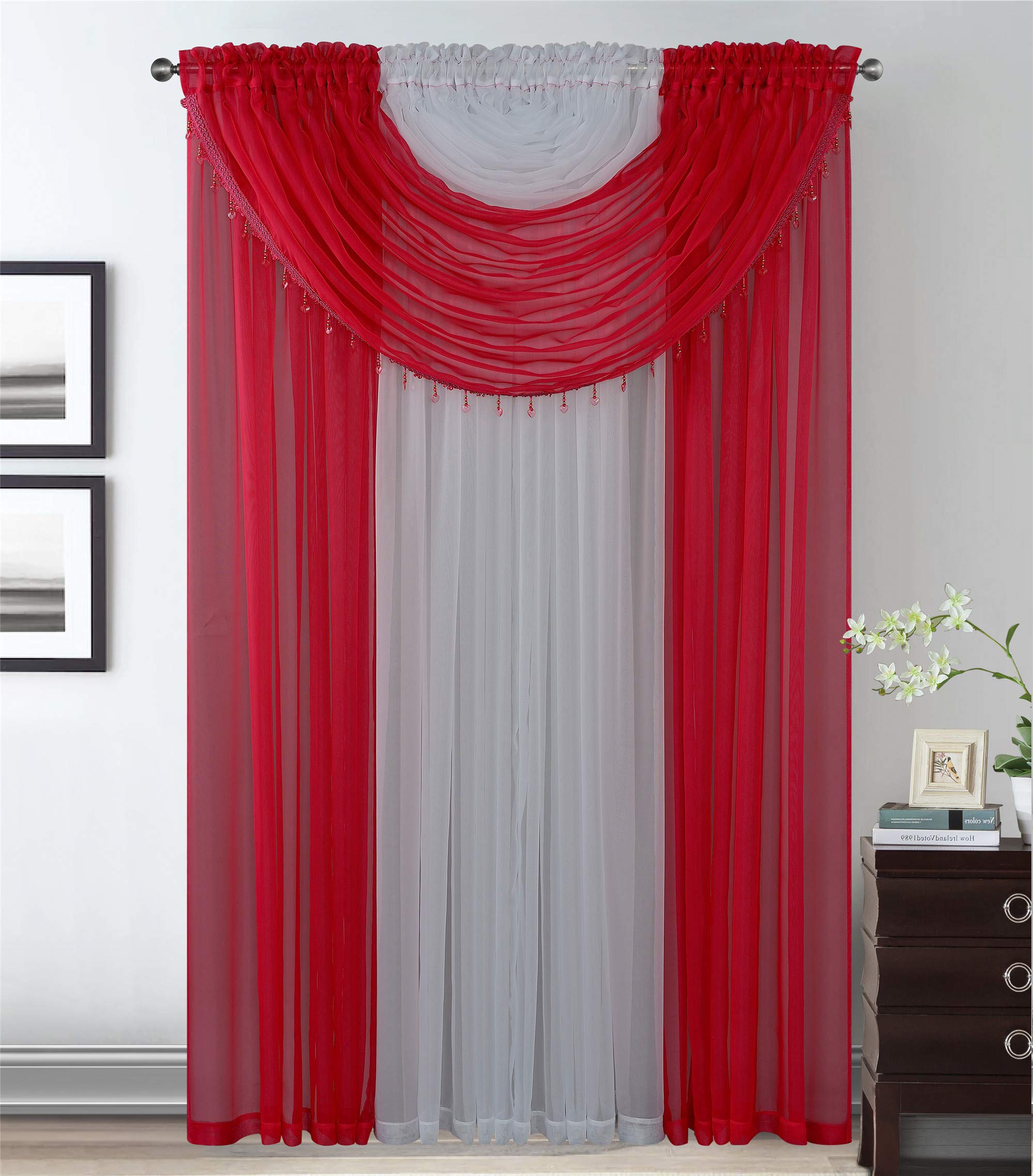 Buy 4 Panels with Attached Valances AllinOne Red White Sheer Rod
