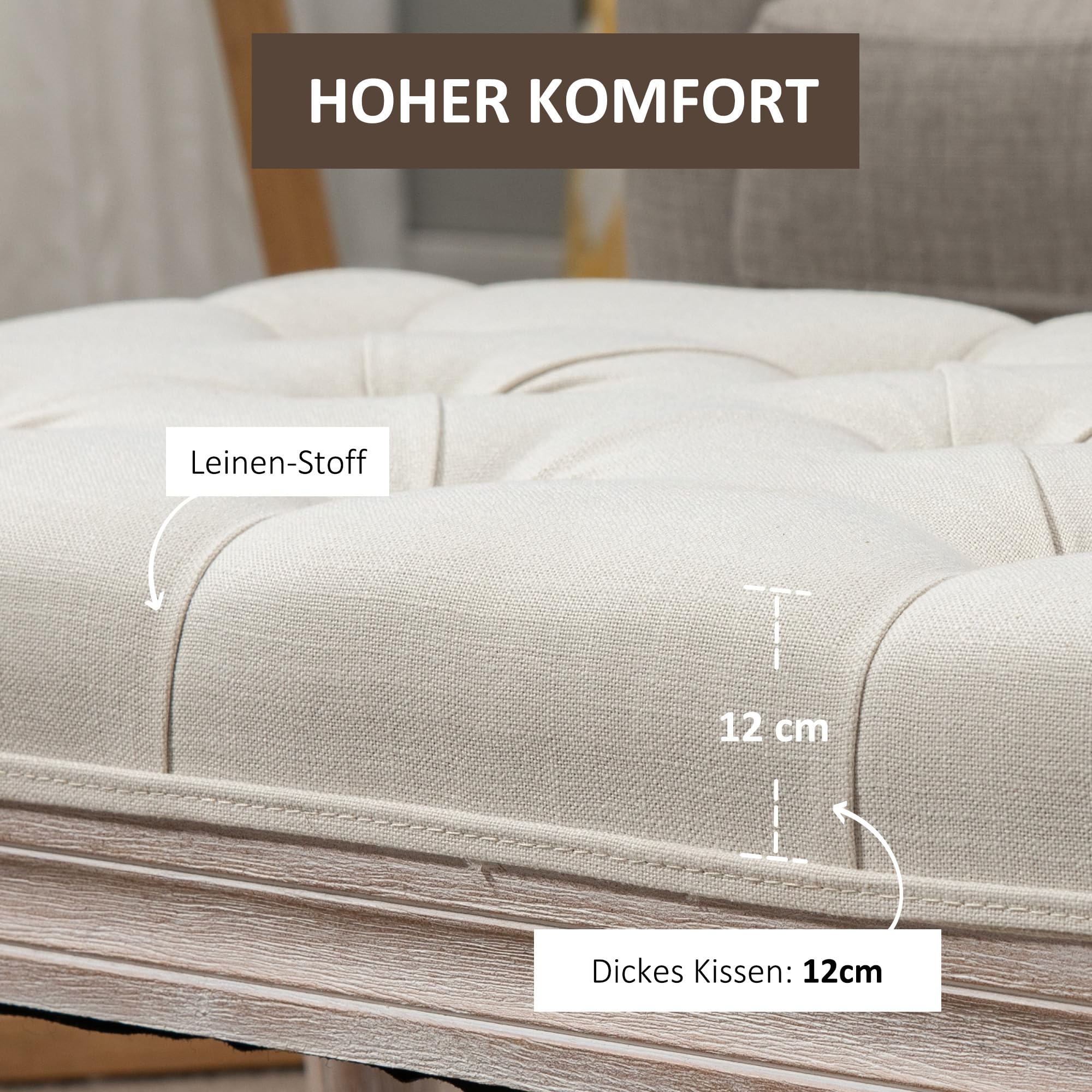 HOMCOM Sitzhocker Fußstütze Holzbein Wohnzimmer Schlafzimmer Cremeweiß | Polsterbank mit Leinenoptik, Fußhocker mit Gepolstertem Sitz, Ottomane