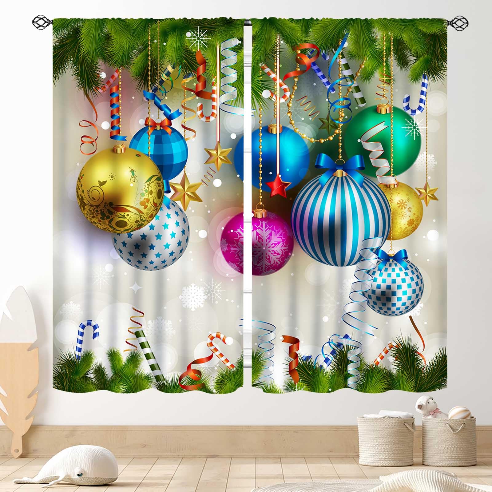 Christmas Curtains for Living Room, Xmas Merry Christmas Fir Twigs Ball New Year Party Decor Window Drapery Treatments for Bedroom Kitchen Bathroom
