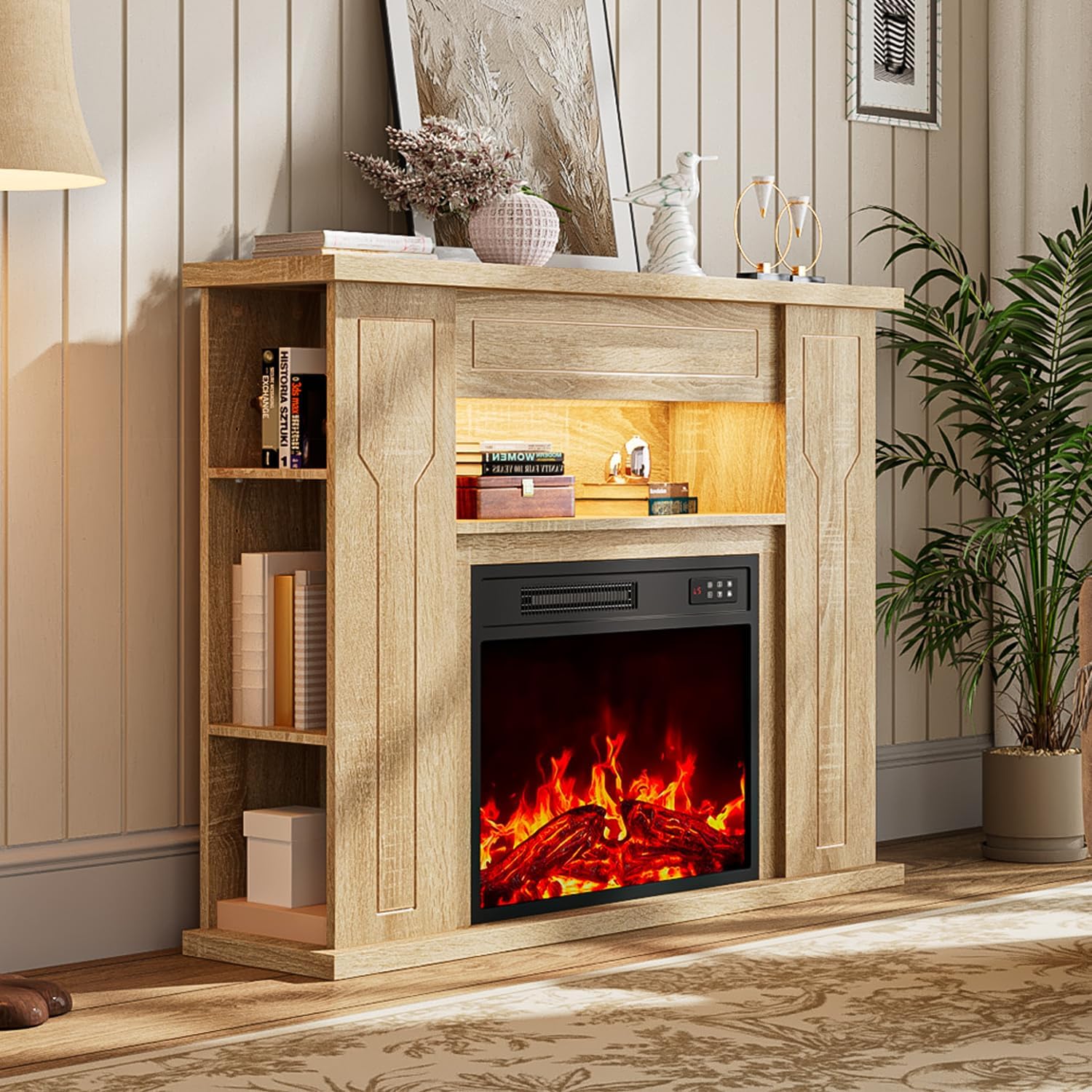 Chimenea Eléctrica Ofika 43" con Manto de Madera, Centro de Entretenimiento