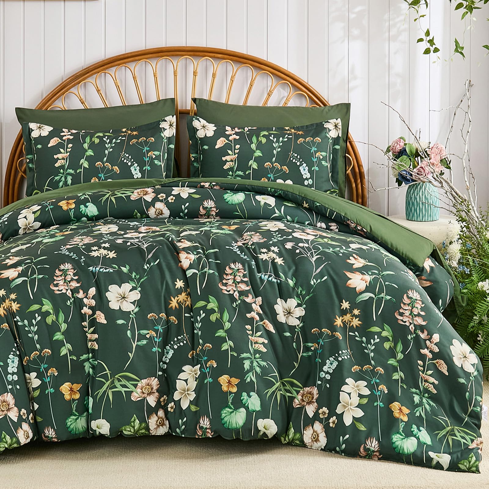 Guchuang Bedding King Size Duvet Cover Sets Flowers Dark Green Floral Bedding Set 3-Piece, Soft Microfiber Floral Duvet Cover 220x230cm Zipper Closure with 2 Pillowcases, for All Season