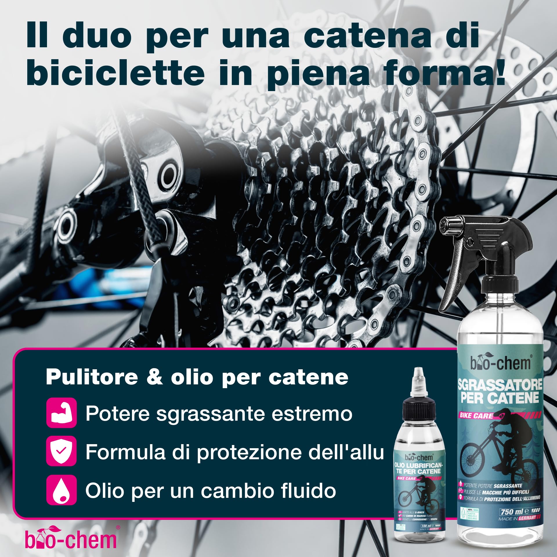 bio-chem - Profi Set 7 prodotti per la pulizia della bicicletta - Detergente completo 750ml - Sgrassatore per catena 750ml - Olio lubrificante 100ml - Panno e spazzole incluse