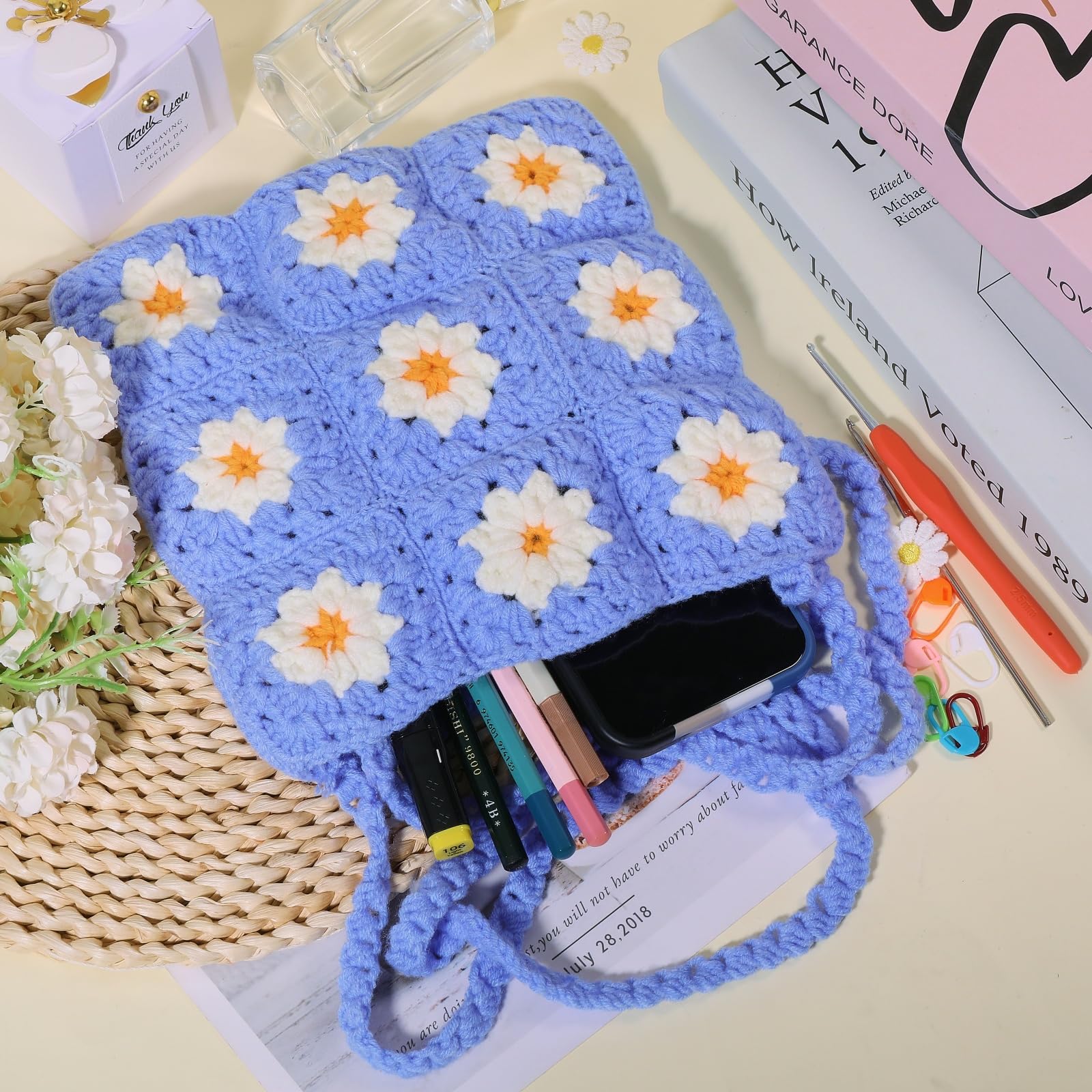 ORIGACH Juego de bolsas de crochet para principiantes, diseño de margaritas y cuadrados granny, accesorios con instrucciones y vídeo