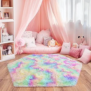 4x4.6 Feet Rainbow Hexagon Rugs for Princess Tent, Ultra Soft Fluffy Hexagon Area Rug for Bedroom, Cute Shag Rugs for Girls Room, Fuzzy Plush Carpet for Kids Room Tent Castle Home Decor