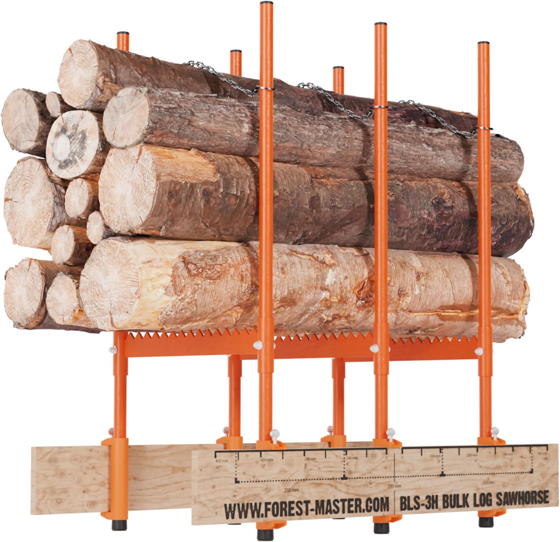 Forest Master BLS-3H Bulk Log Sawhorse - Perfect for Precise Multi-Log Cutting - 250kg Log Capacity - Compact, Lightweight and Foldable - Triple Auto-Locking Chains for Superior Log Stability