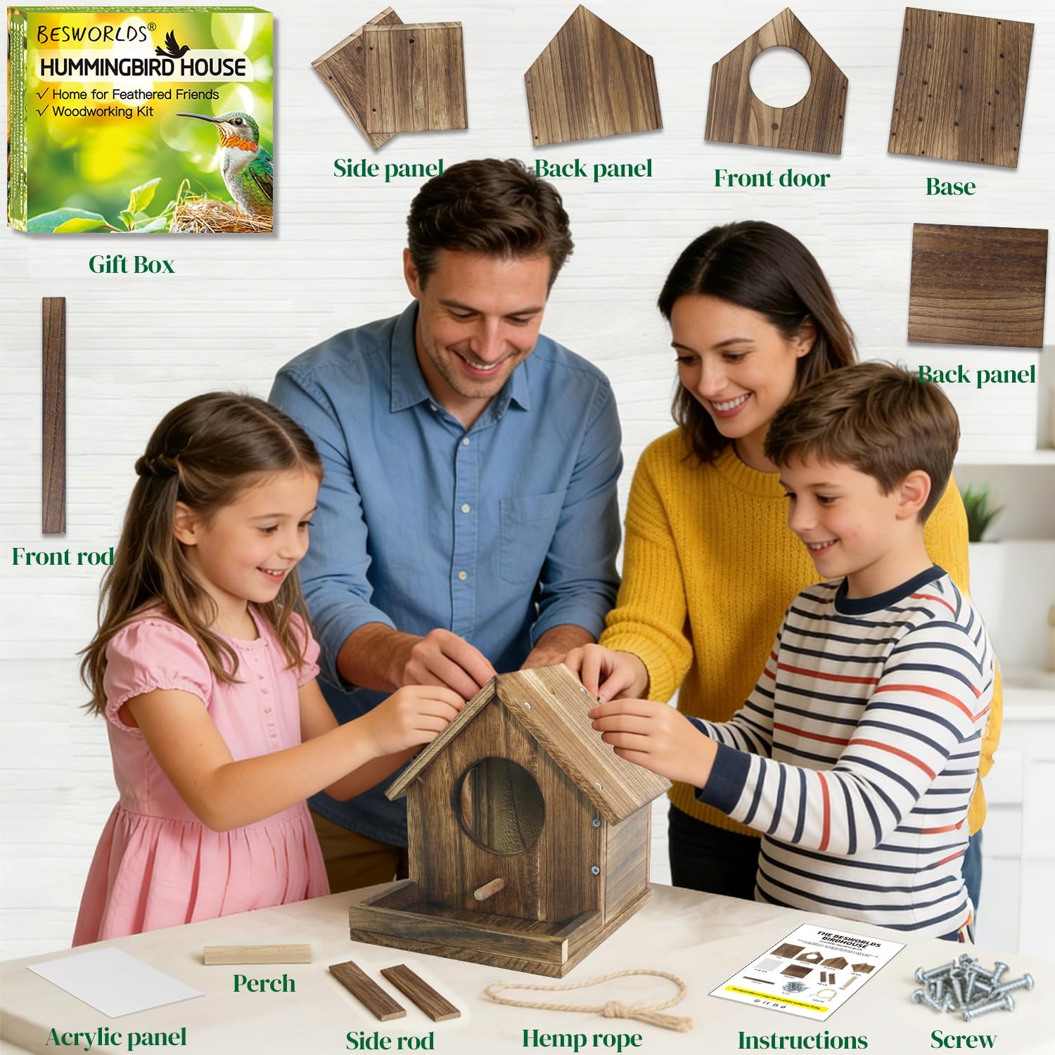 DIY Holz Kolibri Haus Kit zum Aufhängen im Freien Ideales Bluebird Kolibri Haus für draußen mit transparentem Sichtfenster Eingebauter Vogelfutterspender Geschenk für Vogelliebhaber Tolle