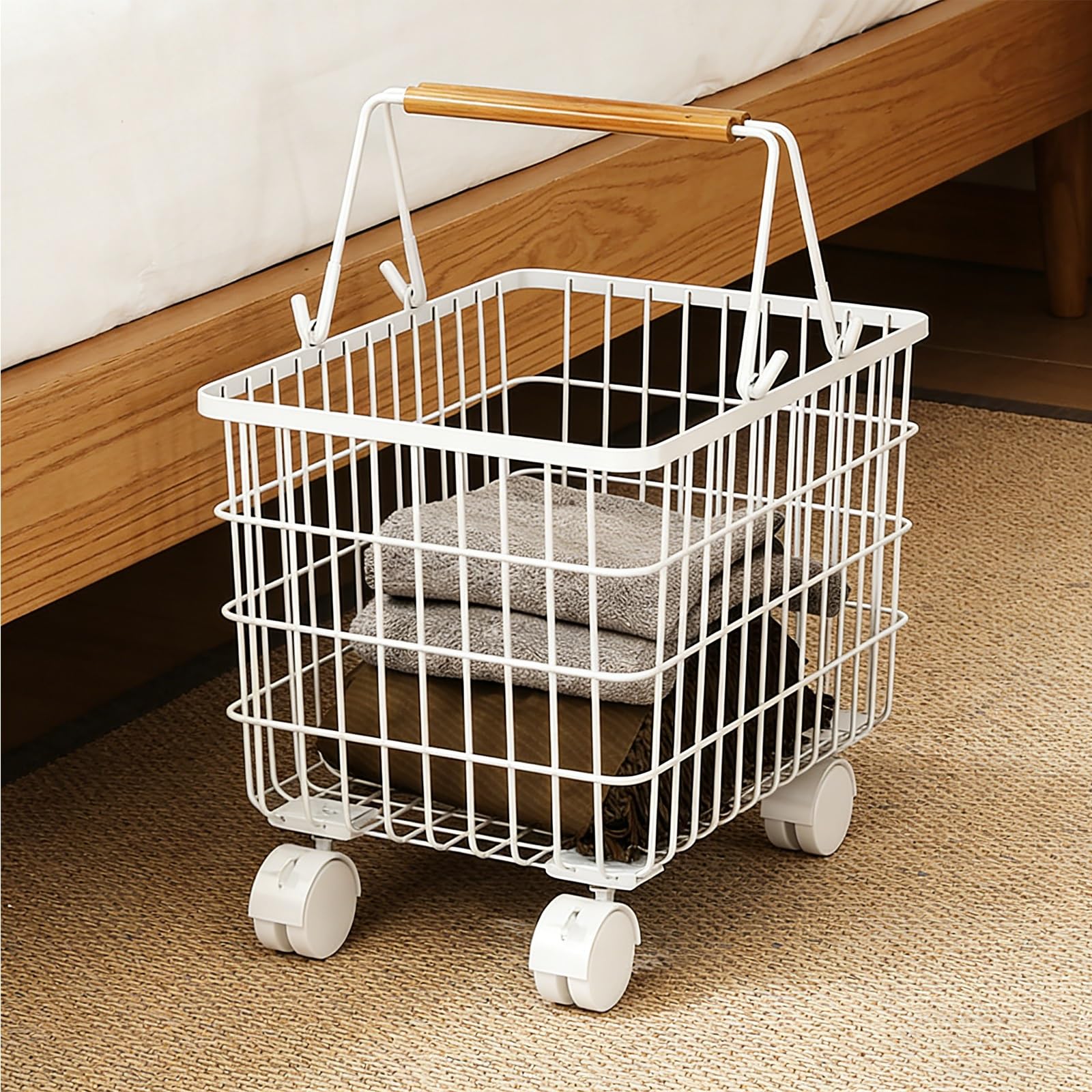 SFSLBFB Rolling Laundry Hamper with Wheels, Portable Metal Basket, Breathable Design for Easy Storage, Movable Cart for Bathroom or Living Room